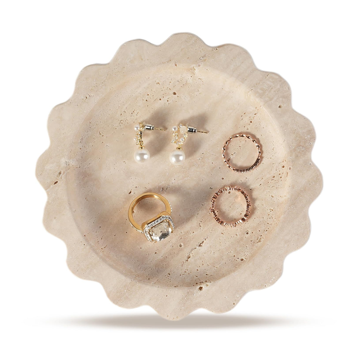 Koville 5.51" Travertine Tray, Natural Stone Trinket Dish for Ring Perfume, Round Scalloped Decorative Tray for Bathroom Vanity Dresser Countertop, Home Table Decor