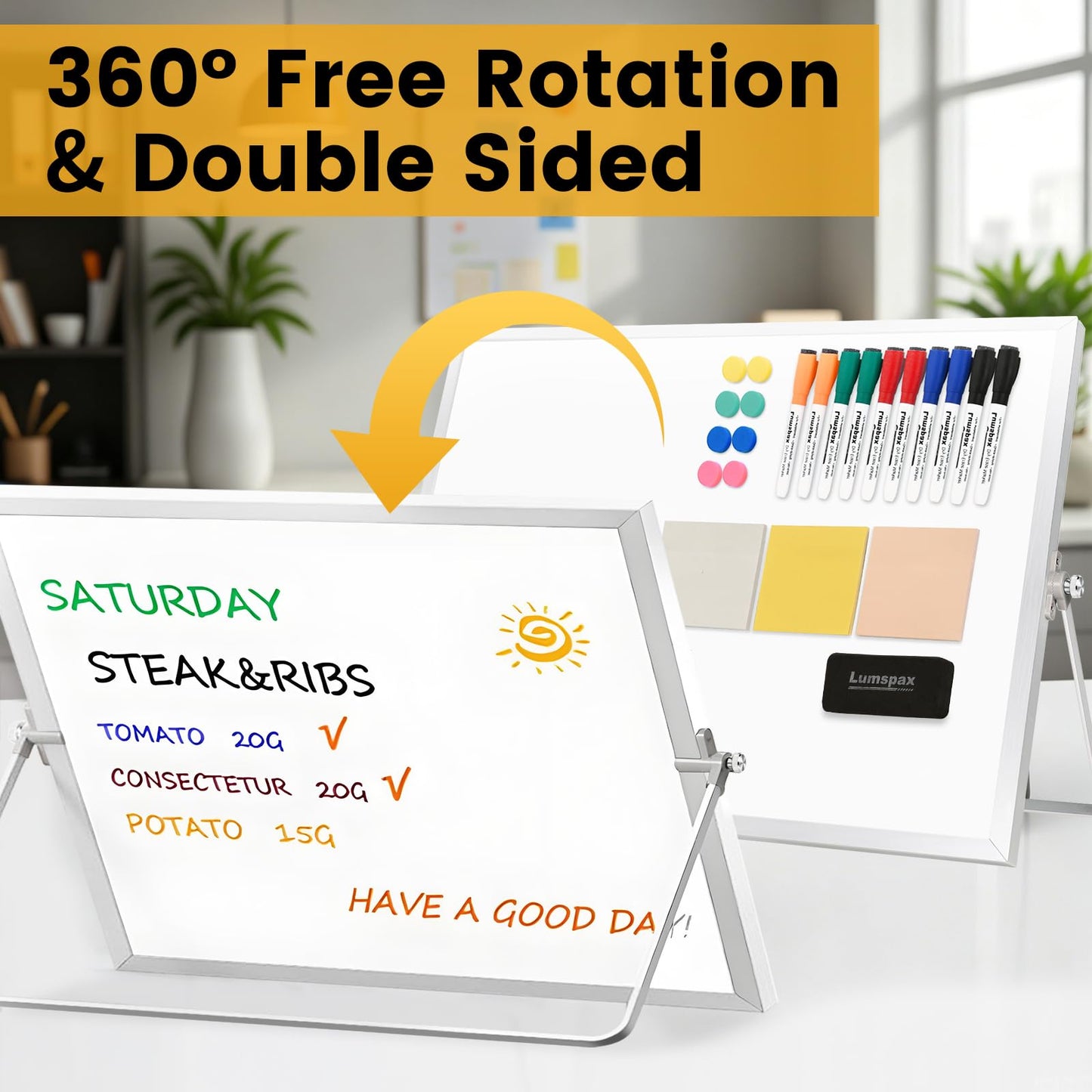 Lumspax White Board with Stand, 24" x 18" Double-Sided Desktop Dry Erase Board, Portable Magnetic Whiteboard Easel for Kids Office Home School
