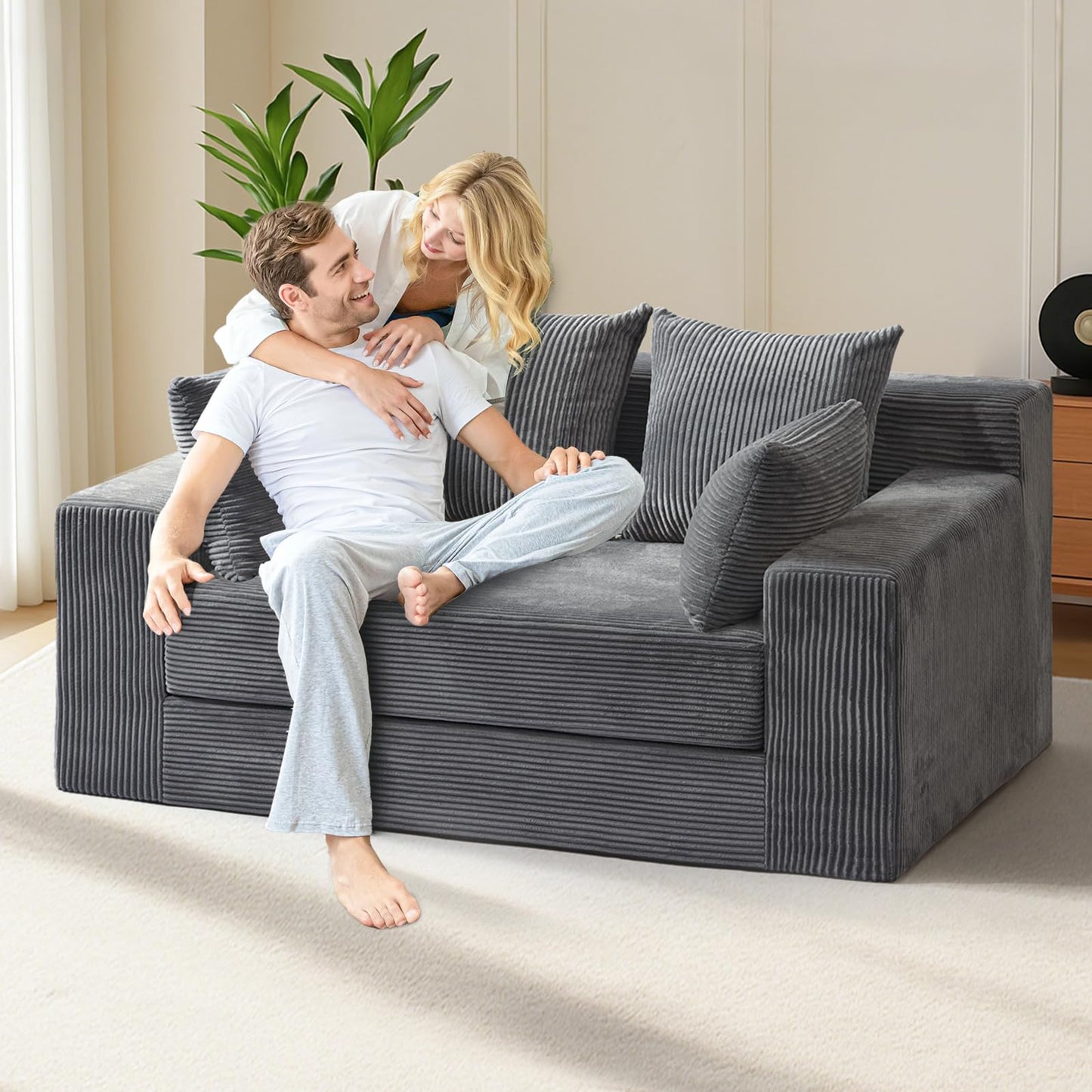 feliz home Convertible Sofa Bed, Boneless Couch Loveseat, 2 in 1 Folding Couch Bed, Fold Out Comfy Floor Futon Sofa with Pillows for Living Room Bedroom, Grey