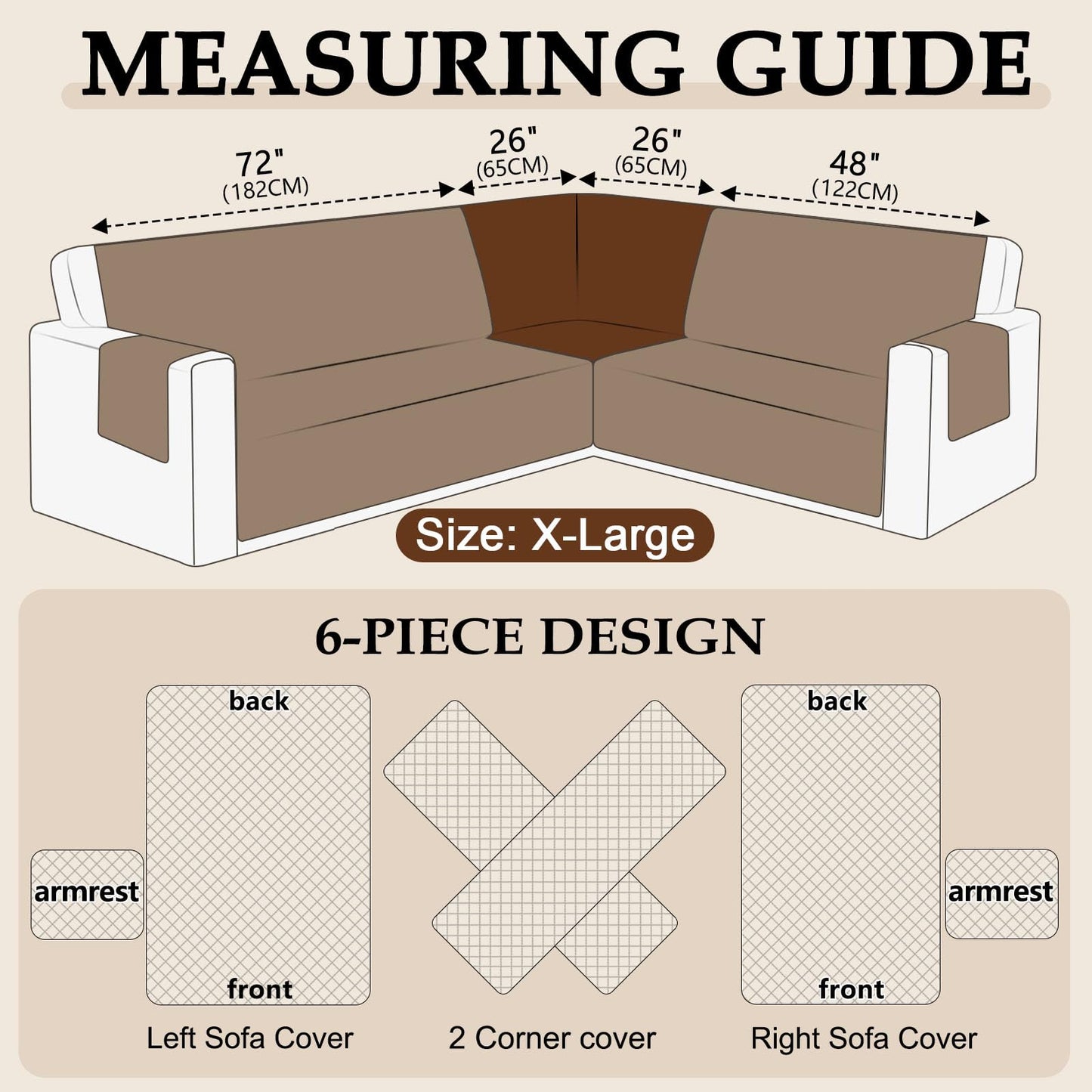HDCAXKJ Waterproof Sectional Couch Cover L Shaped Sofa Covers Washable Corner Sectional Slipcovers Dog Pet Proof U Shape Furniture Protector with Upgraded Anti Slip Strips (X-Large, Chocolate)