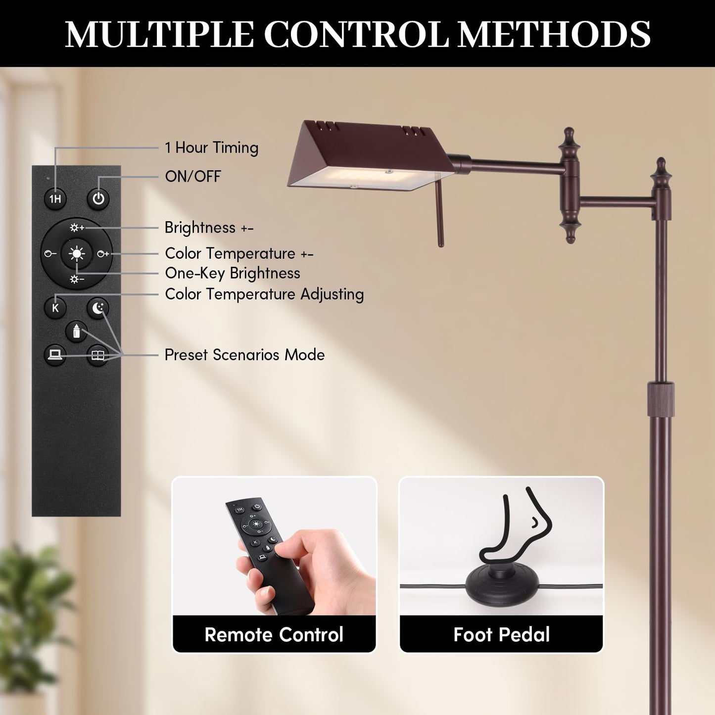 Dimmable Pharmacy Floor Lamp with Remote, 17W LED Reading Floor Lamp with 360°Swing Arm, 3 Color Temperature, Height Adjustable Standing Task Lamp for Living Room, Bedroom, Office, Oil-Rubbed Bronze