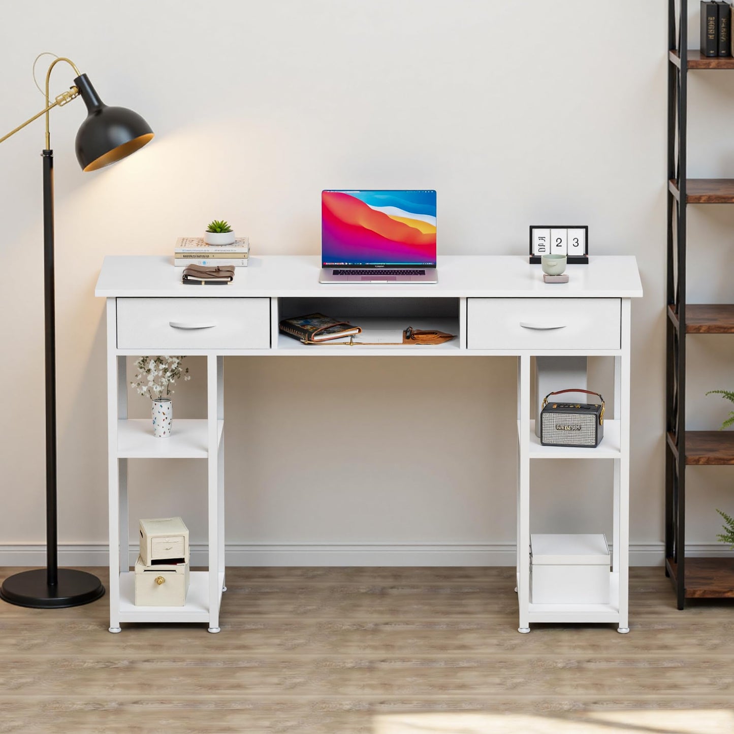 OLIXIS Desk with Storage Fabric Drawers-48 Inch Home Office Computer Desk for Small Space Bedroom,Modern Study Work Gaming Writing Table PC Desks, White
