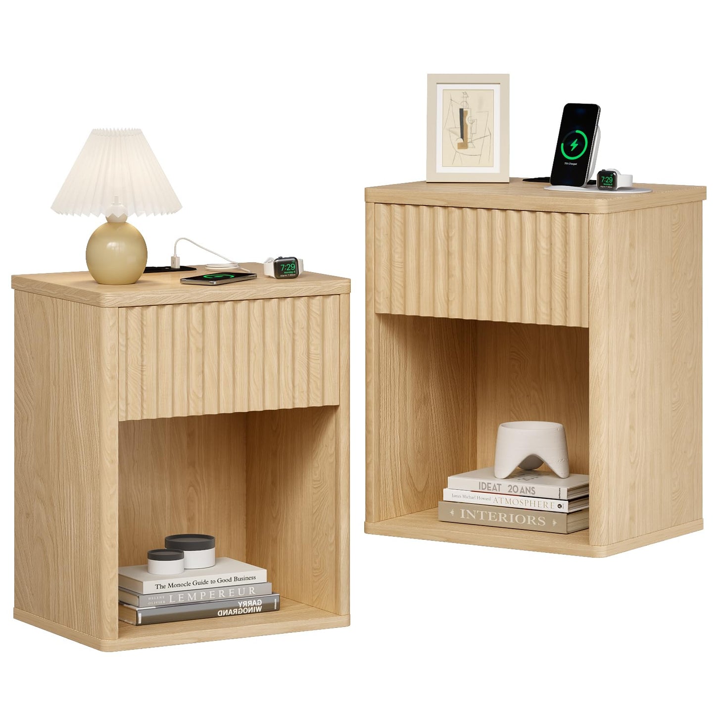 Fluted Nightstands Set of 2 w/Charging Station, Wooden End Table Bed Side Table with Curved Drawer, Mid Century Modern Fluted Night Stand with Rounded Edge for Bedroom, Living Room Sofa, Nature Oak