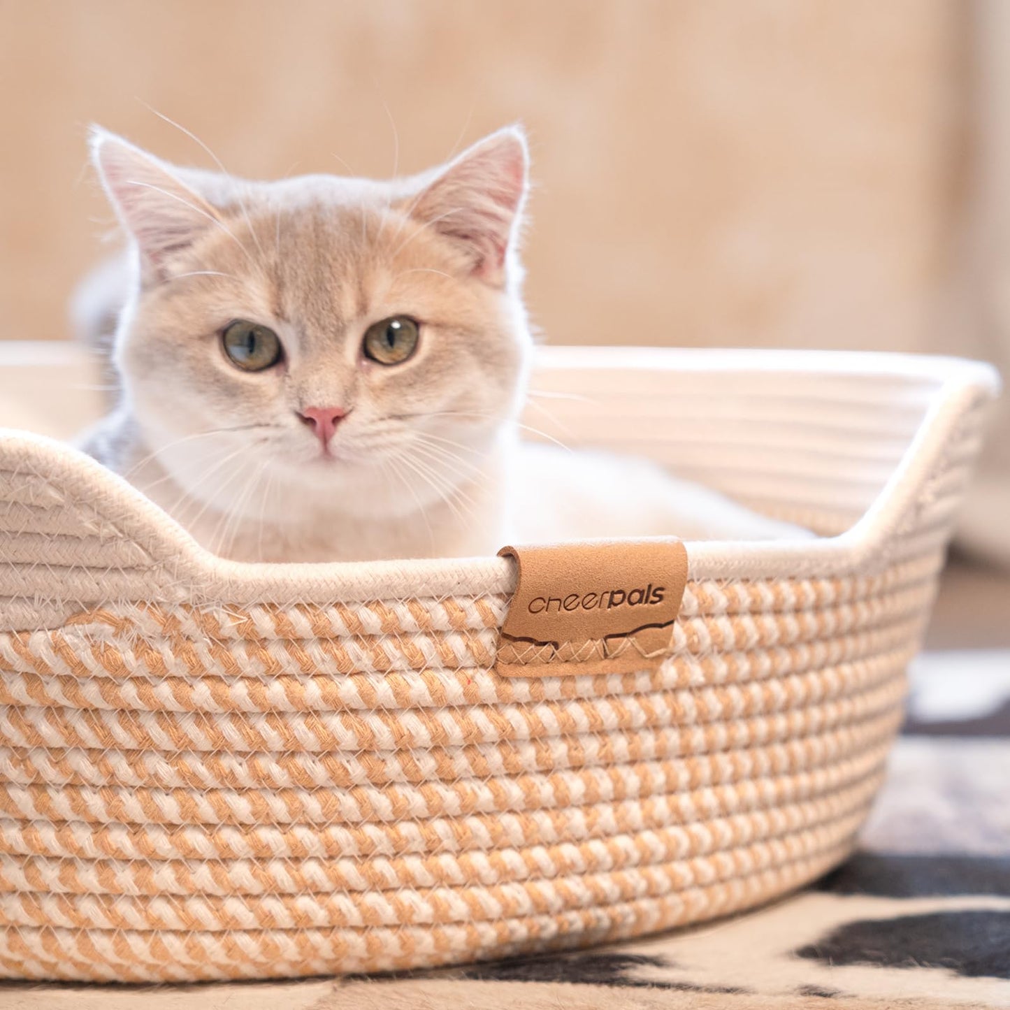 CHEERHOME PETS Cat Bed Basket with Cushion, Cotton Rope Woven Pet Bed for Indoor Cats Couch, Stimulicat Cat Bed Handwoven Breathable, All Season Universal (White)
