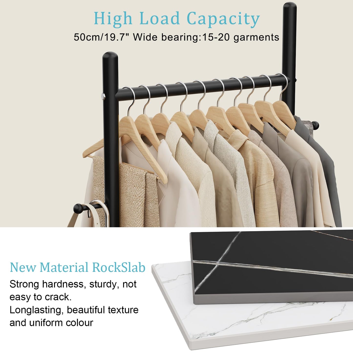 Nianerfaya Clothes Rack with 2 Hooks, Standing Garment Storage for Indoor - Clothing Rack for Hanging Clothes for Bedroom - 19.7" Wide Garment Rack Metal Clothing Hanger Rack (Black)