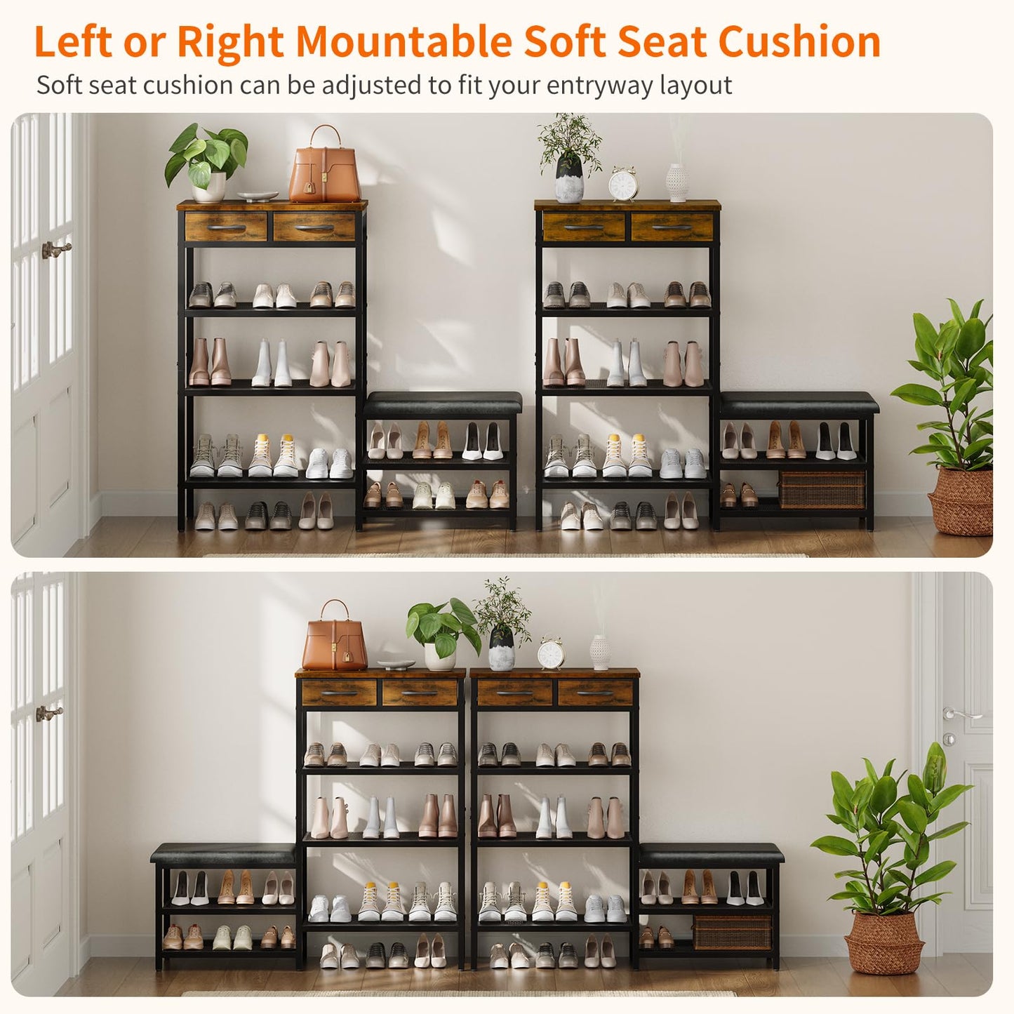Shoe Rack Bench Shoe Rack for Entryway, Cushioned Entryway Shoe Storage with 2 Drawers & 5-Tier Organizer, Metal Frame Wood Top Narrow Space-Saving Hallway Organizer for Closet & Front Door