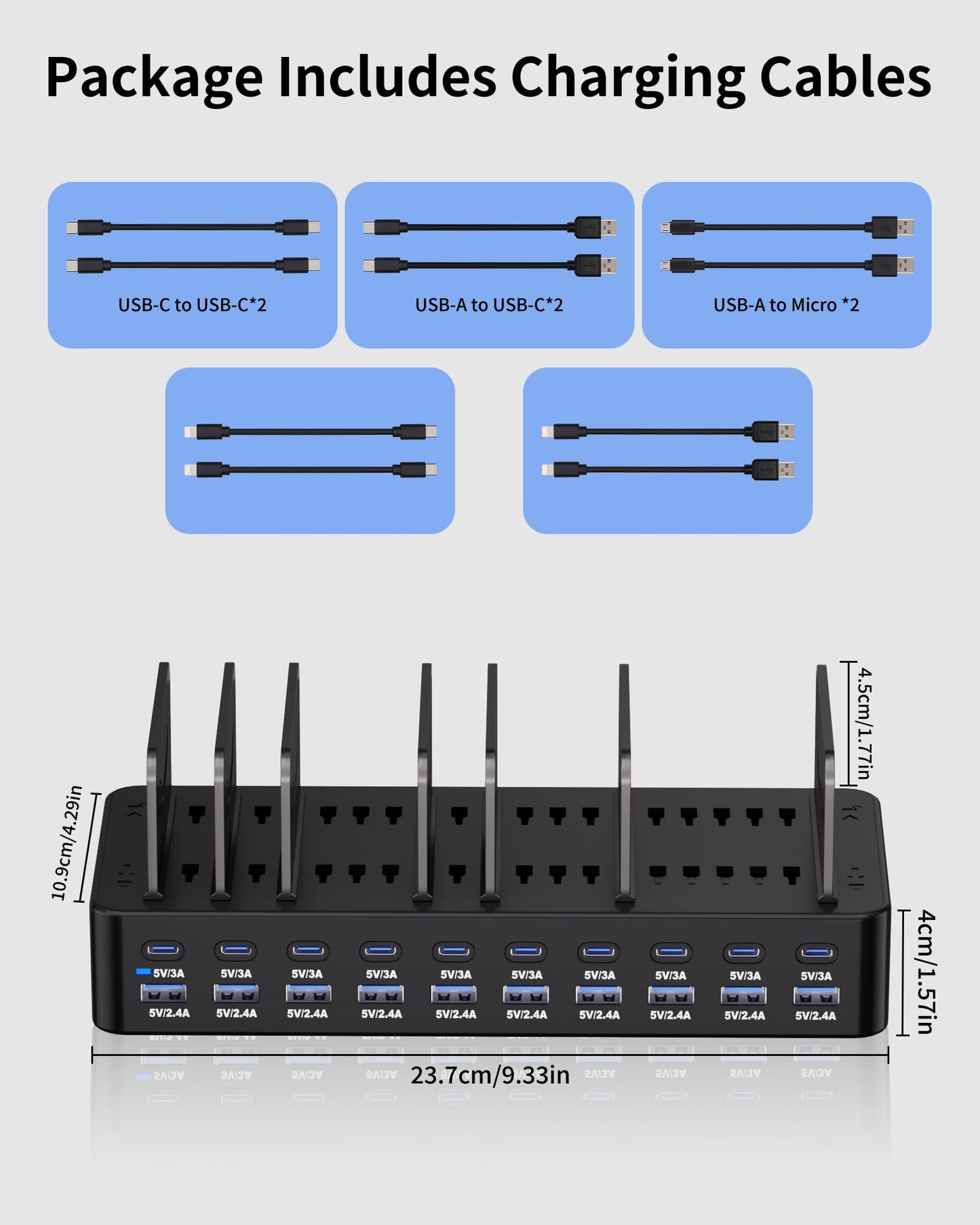 270W Charging Station for Multiple Devices, 20-Port USB Fast Charging Station with Adjustable Dividers & 10 Cables, Multi Device Organizer Charging Dock for iPhone, iPad, Tablets & More(Black)