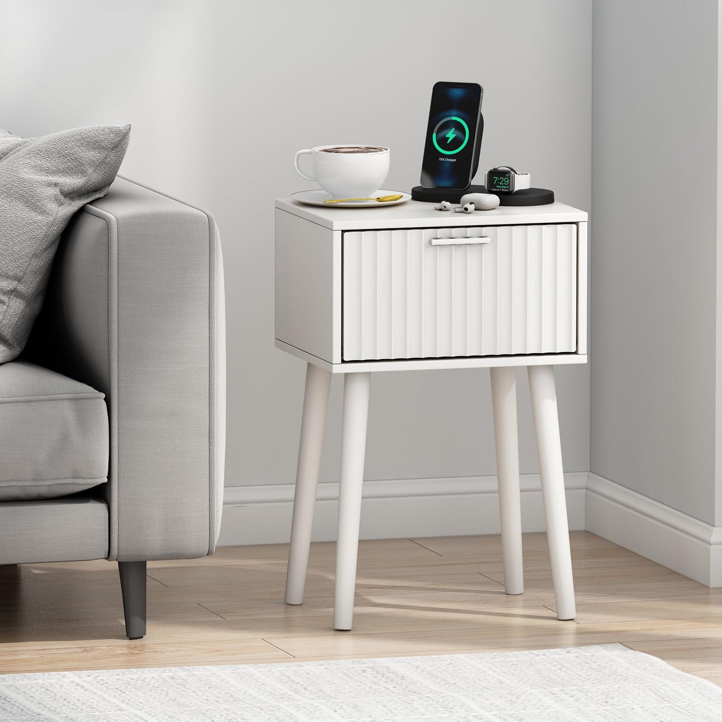 LAATOOREE Nightstands Set of 2, Small Side Table, Bedside Table with Fluted Door, Solid Wood Feet; Modern Mid-Century End Table for Bedroom, Small Space (White)