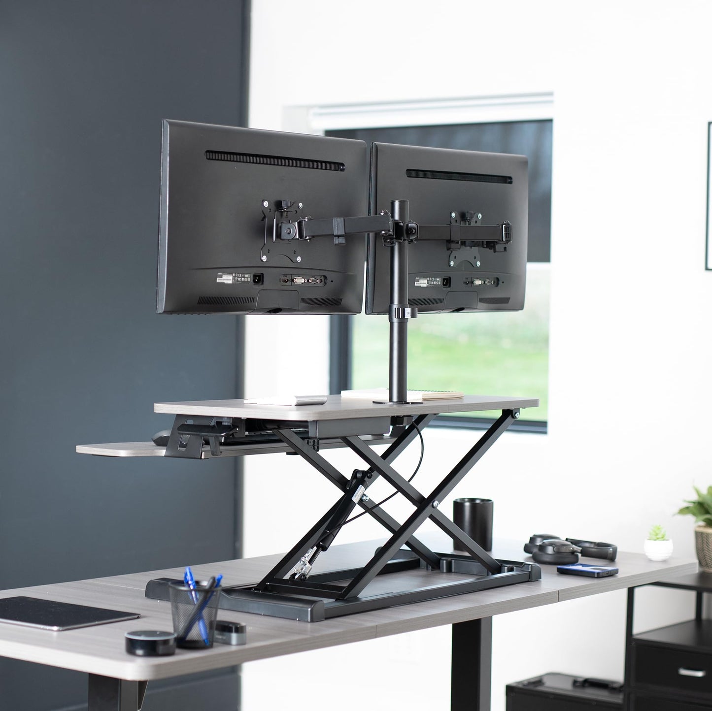 VIVO Height Adjustable 32 inch Standing Desk Converter with Dual 13 to 30 inch Monitor Stand, Sit Stand Monitor Mount and Desk Riser, Gray, DESK-V000K-M2G