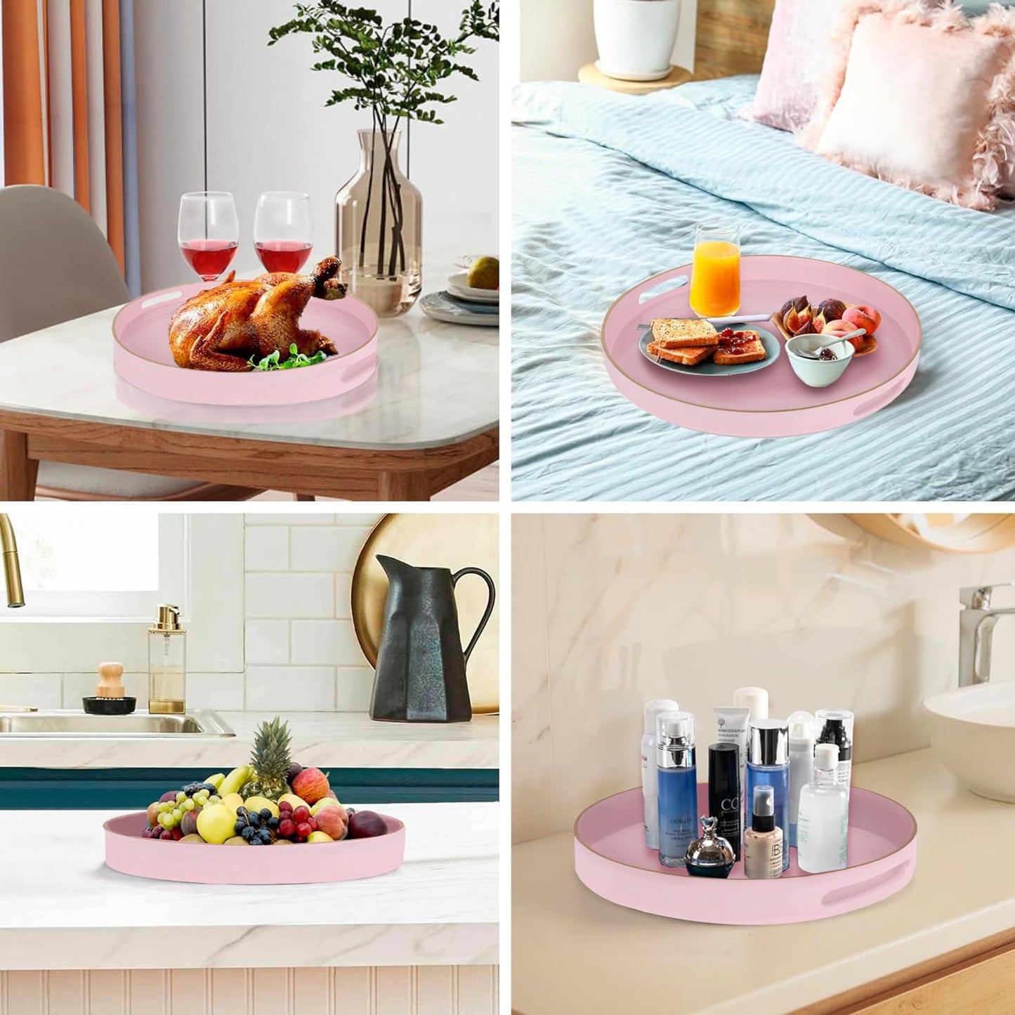 Fuukou Pink Decorative Tray,Elegant Round Plastic Serving Tray with Handles,Round Ottoman Trays Coffee Table Trays for Living Room,Home Decor 13"
