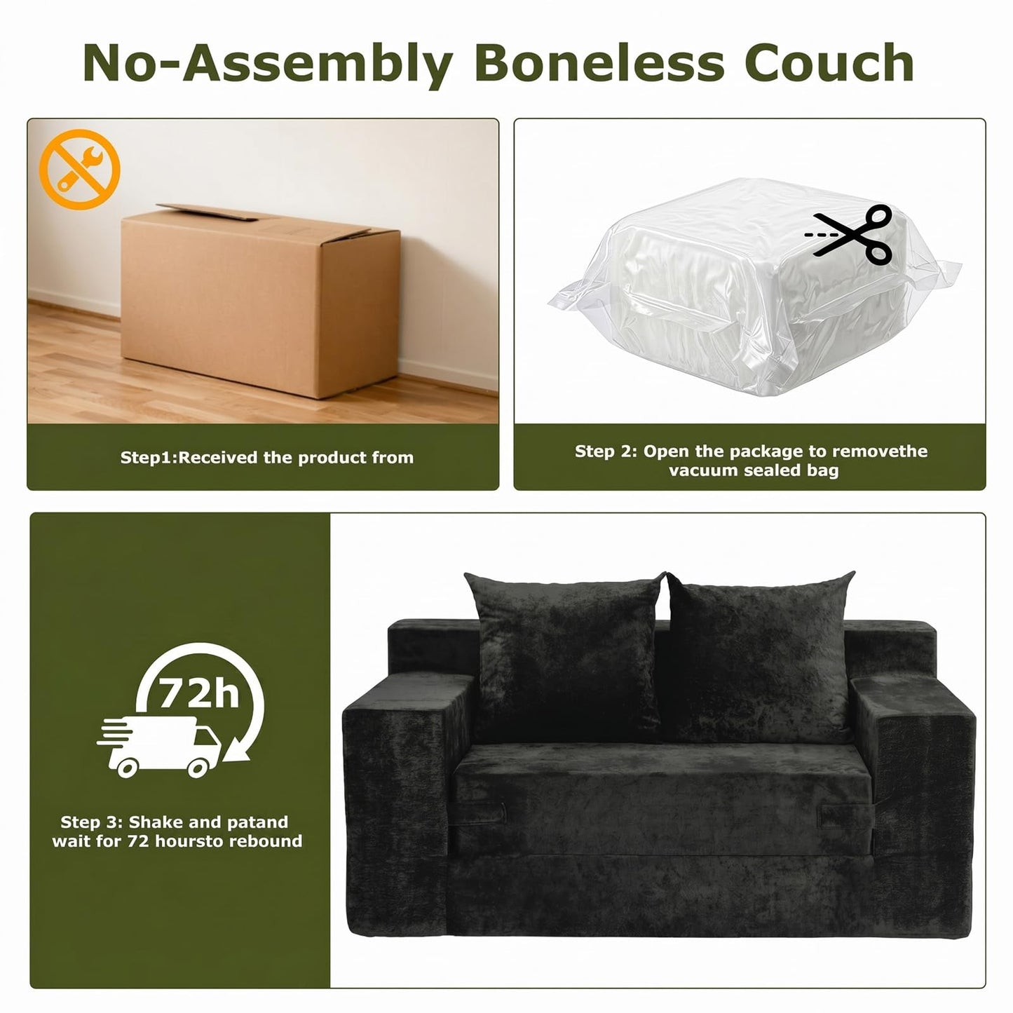 feliz home Boneless Loveseat Couch, Convertible Sofa Bed Folding Couch Bed, Boneless Chair Bed & Futon Sofa Bed, Small Pull Out Couch Foldable with 4 Pillows for Living Room, Black