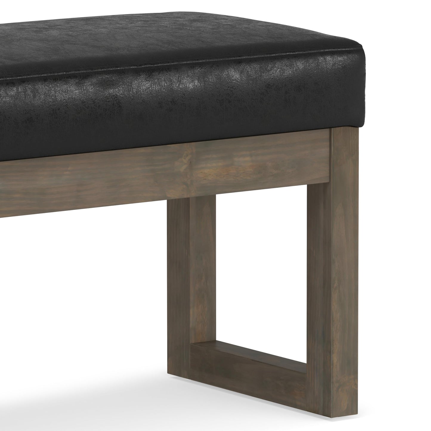SIMPLIHOME Milltown Small Ottoman Bench - 27" Wide x 18" High Upholstered Vegan Leather Rectangle Footstool Ottoman in Distressed Black, Contemporary Bench for Bedroom with Cushioned Seat, Assembled