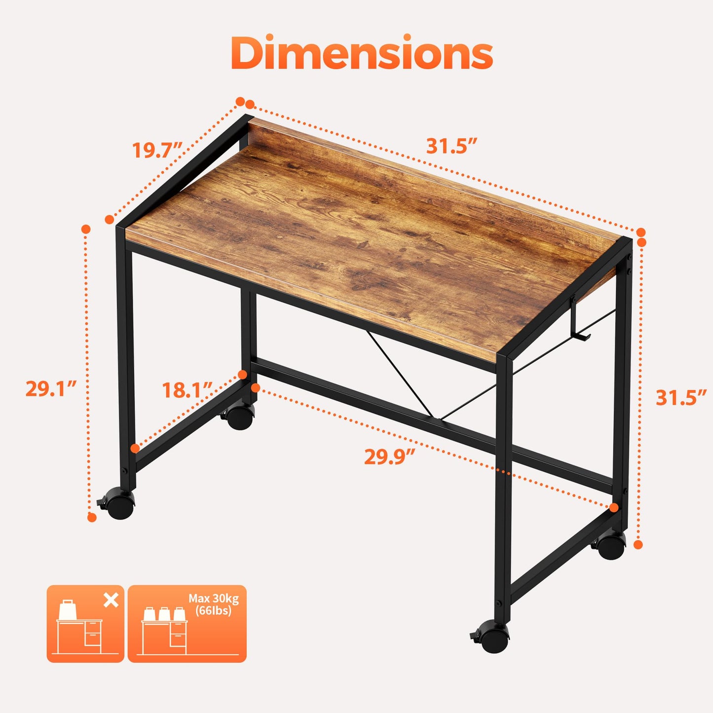 Mericonia 32 inch Rolling Computer Desk with Wheels, Gaming Desk for Small Spaces, Modern Simple Style Table for Home Office, Study Writing Table