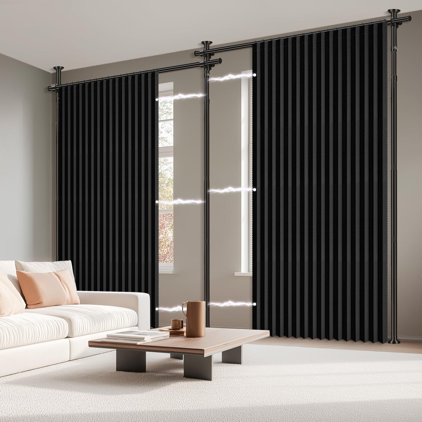 100% Blackout Room Divider Curtains Sets Black 2 Panels W100 x L84in No Drill Curtain Rods(H) 43-120×(W) 35-200 in for Studio Apartment Dorm Office