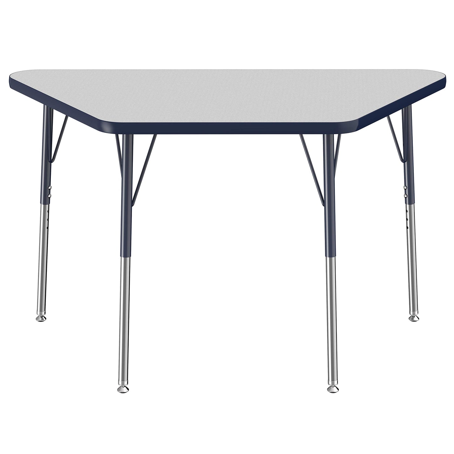 FDP Trapezoid Activity School and Office Table (24 x 48 inch), Standard Legs with Swivel Glides for Collaborative Seating Environments, Adjustable Height 19-30 inches - Gray Top and Navy Edge