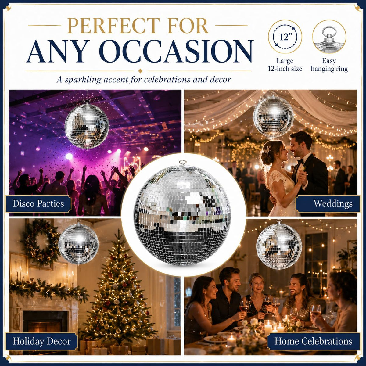Youdepot Disco Ball 12-Inch – Large Hanging Mirror Ball Disco Ball Decor for Disco Party Decorations, Weddings, Events, Disco Christmas Decor, and Home Celebrations