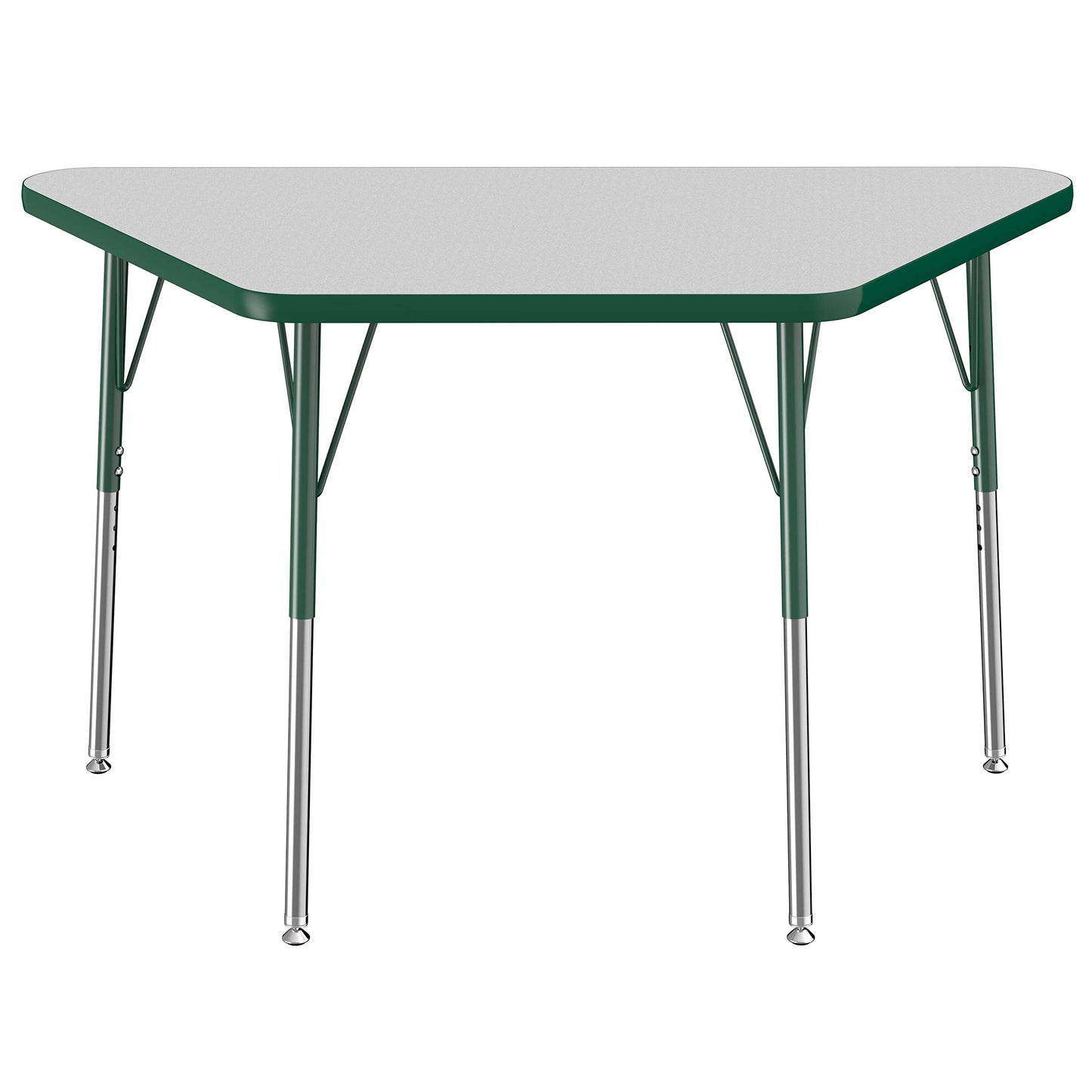 FDP Trapezoid Activity School and Office Table (24 x 48 inch), Standard Legs with Swivel Glides for Collaborative Seating Environments, Adjustable Height 19-30 inches - Gray Top and Green Edge