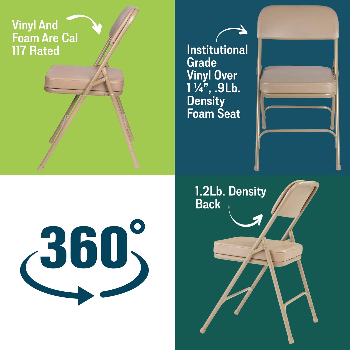 Premium Cushioned Portable Folding Chairs by National Public Seating – 3200 Series Upholstered, Heavy-Duty Foldable Chairs for Indoor & Outdoor Use – Set of 2, Comfortable & Durable, Beige