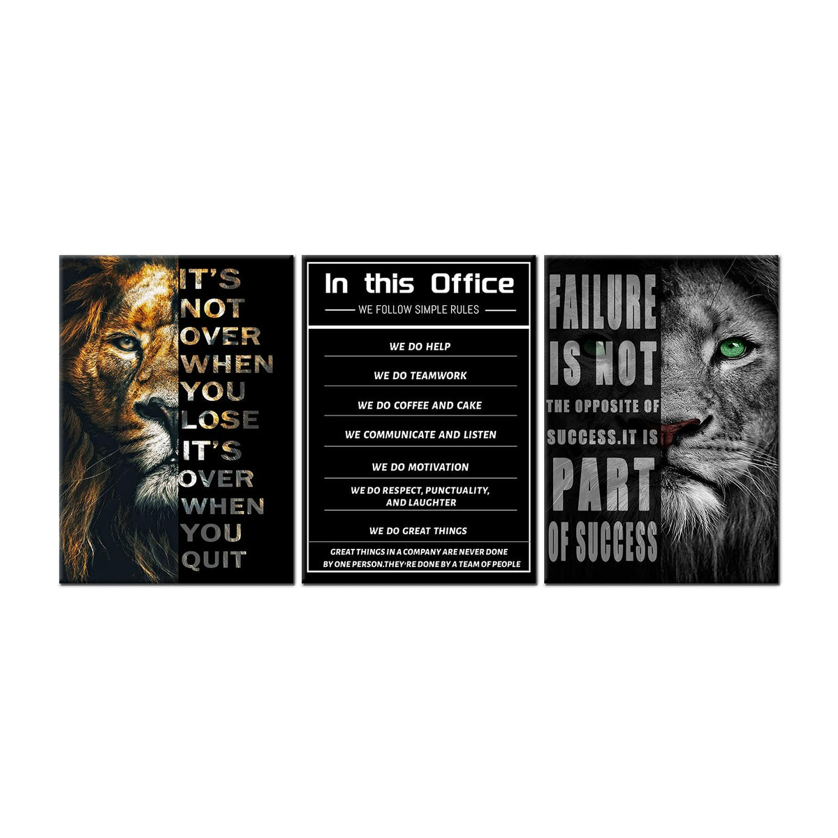 PSYYSP Motivational Triptych Wall Decor Lion Failure Success Canvas Art, Black Office Quote Posters for Office, Gym, Living Room, Workspace, Framed Canvas 60x28inch Set