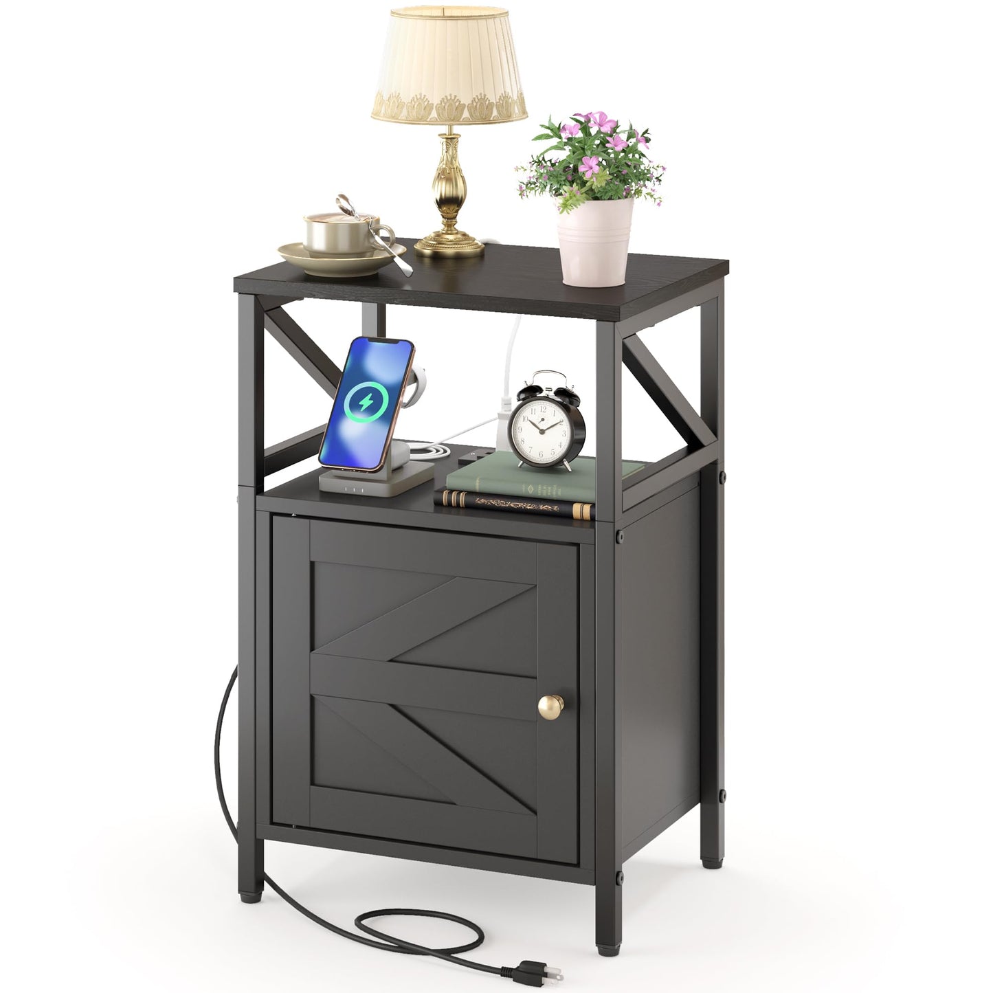 FUNHUKSON Farmhouse 3-Tier Side Table with USB Charging & Outlets Black