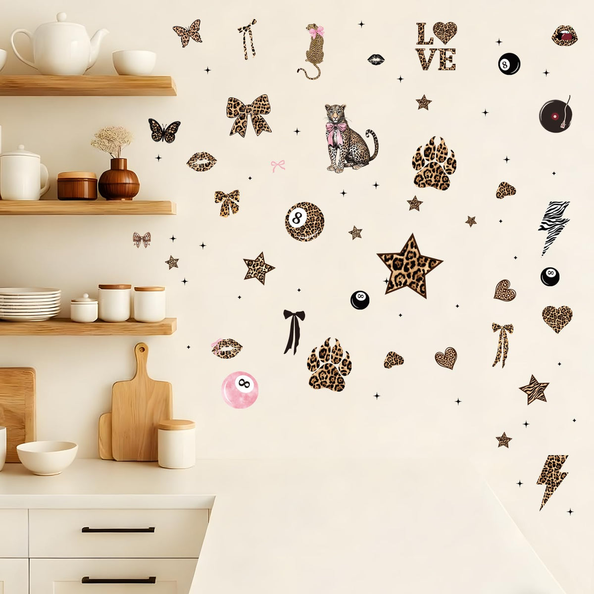 Wxiben Cheetah Print Wall Decals - 200 Pcs Leopard Print Walls Stickers Decor for Room Y2K Bow Star 8 Ball Peel and Stick Wall Decals for Home Bedroom Living Room Classroom Apartment Dorm