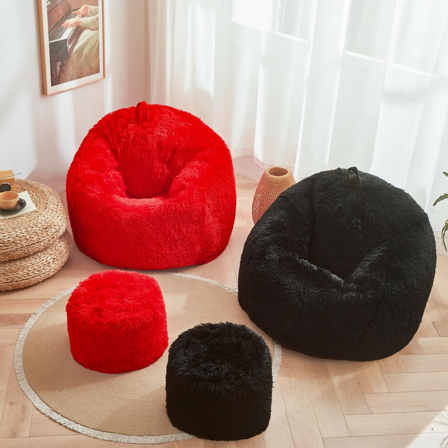 Black fuzzy bean bag chair covers (No Filler), comfy Shaggy Black bean bag chair Cover for bedroom, stuffed animal Storage, kids adults teens girls bean bag chairs, Anti-Slip
