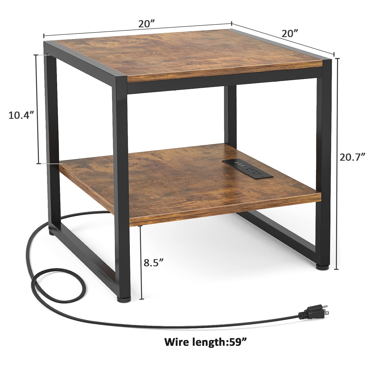 Homieasy End Table with Charging Station, 20" Mini Fridge Stand with Power Outlets, Heavy Duty Side Table for Living Room, Small Table Stand & Fridge Table, Rustic Brown