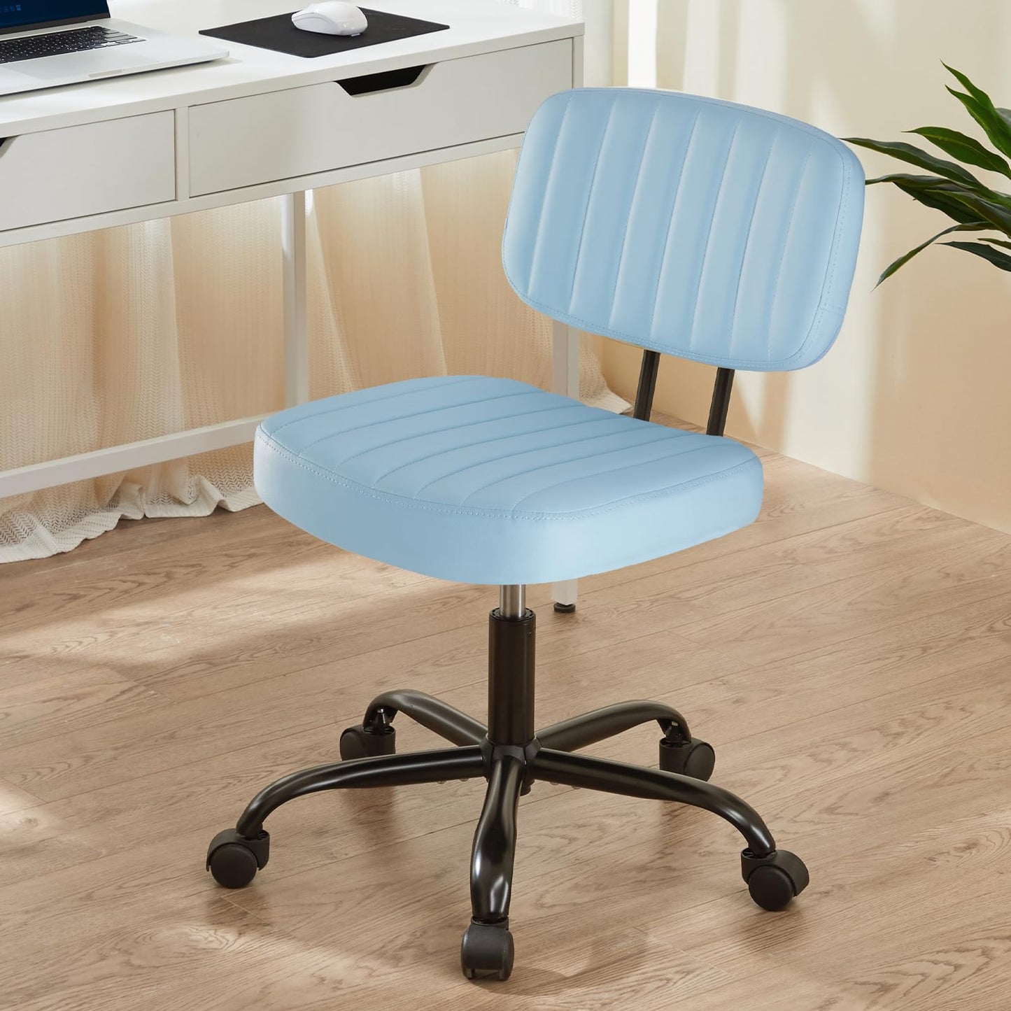 DUMOS Armless Home Office Executive Chair - Small Desk Chair with Low Back Lumbar Support, Height Adjustable PU Leather Computer Task Chair with 360° Swivel Wheels, for Adults, Blue