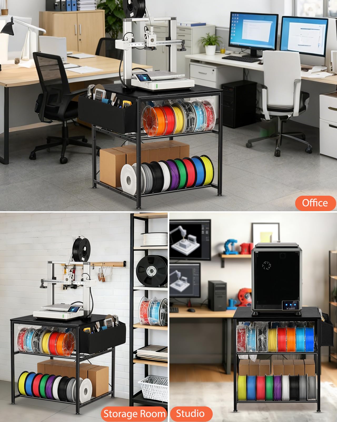 AHOWPD 3D Printer Stand with Filaments Storage - 3D Printer Table Filament Storage Rack Heavy Duty 3D Desk for Workshop Studio Office (Black)