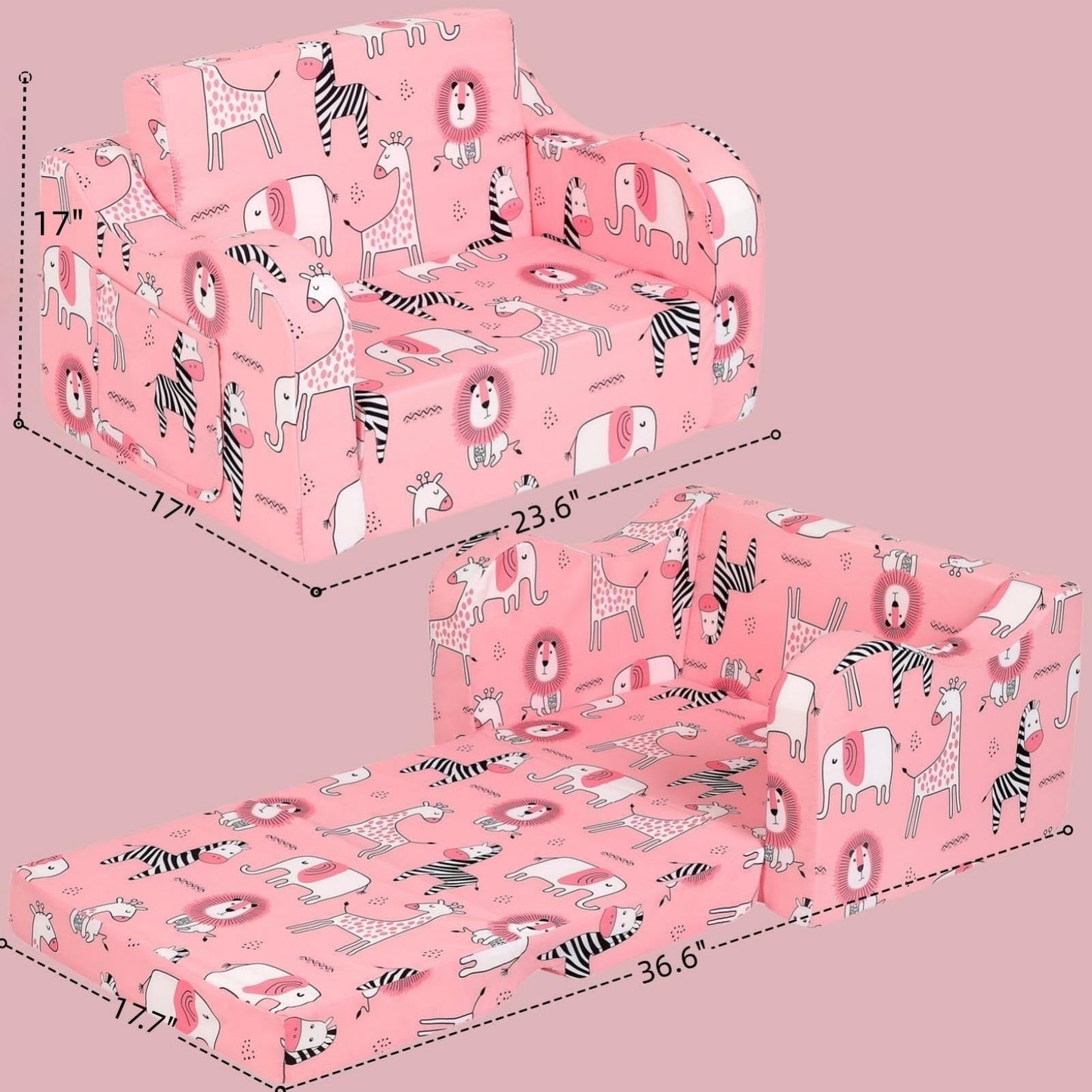 MOMCAYWEX Kids Sofa, 2-in-1 Flip-Out Foam Couch, Foldable Soft Play Lounge Chair, Pink