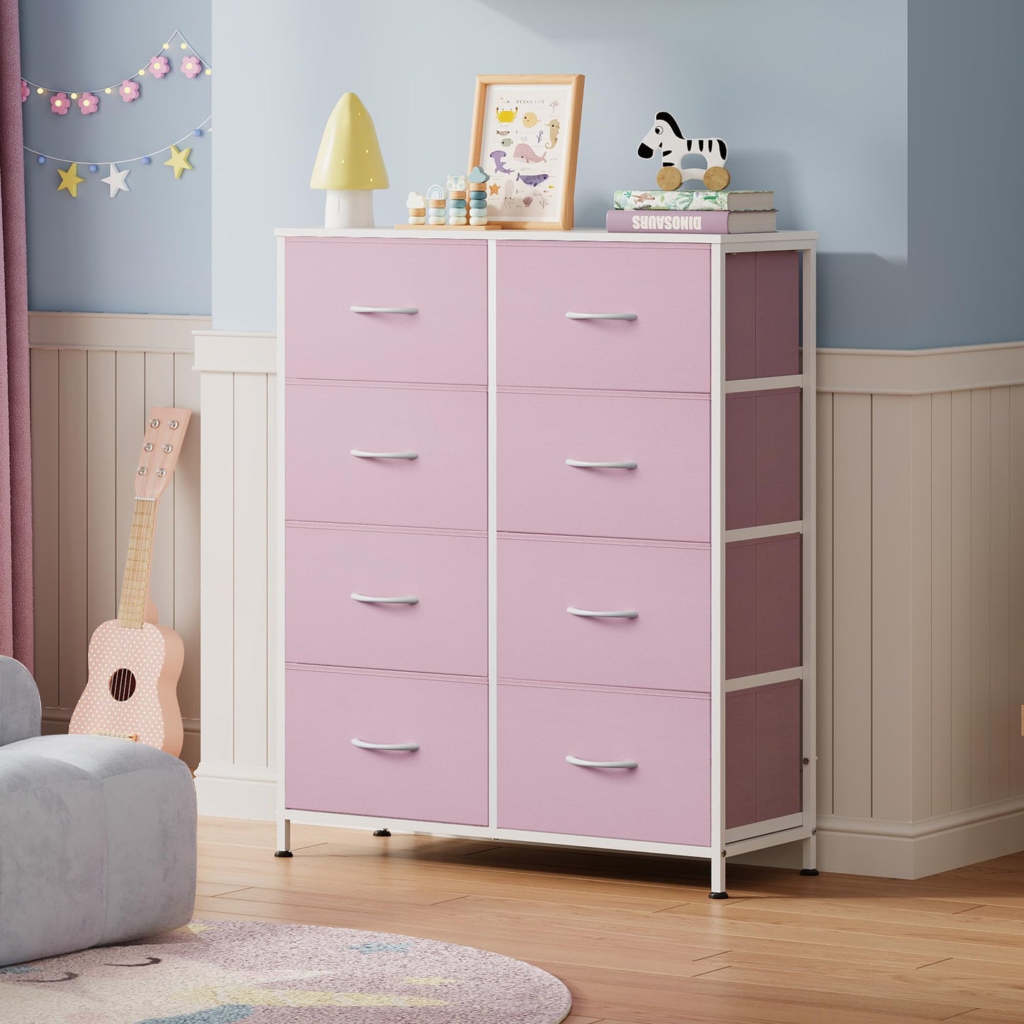 WLIVE Fabric Dresser for Bedroom, Tall Dresser with 8 Drawers, Storage Tower with Fabric Bins, Double Dresser, Chest of Drawers for Closet, Playroom, Dormitory, A-Pink