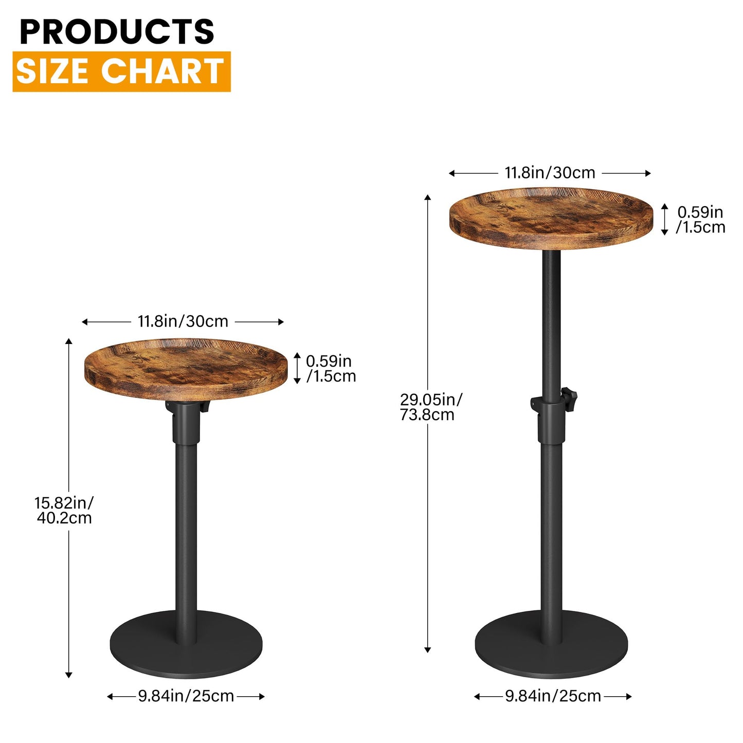 Homeiju Adjustable Round Side Table, Pedestal End Table for Small Spaces, Wooden Couch Table, Tall Drink Table for Living Room, Bedroom, Patio, Brown