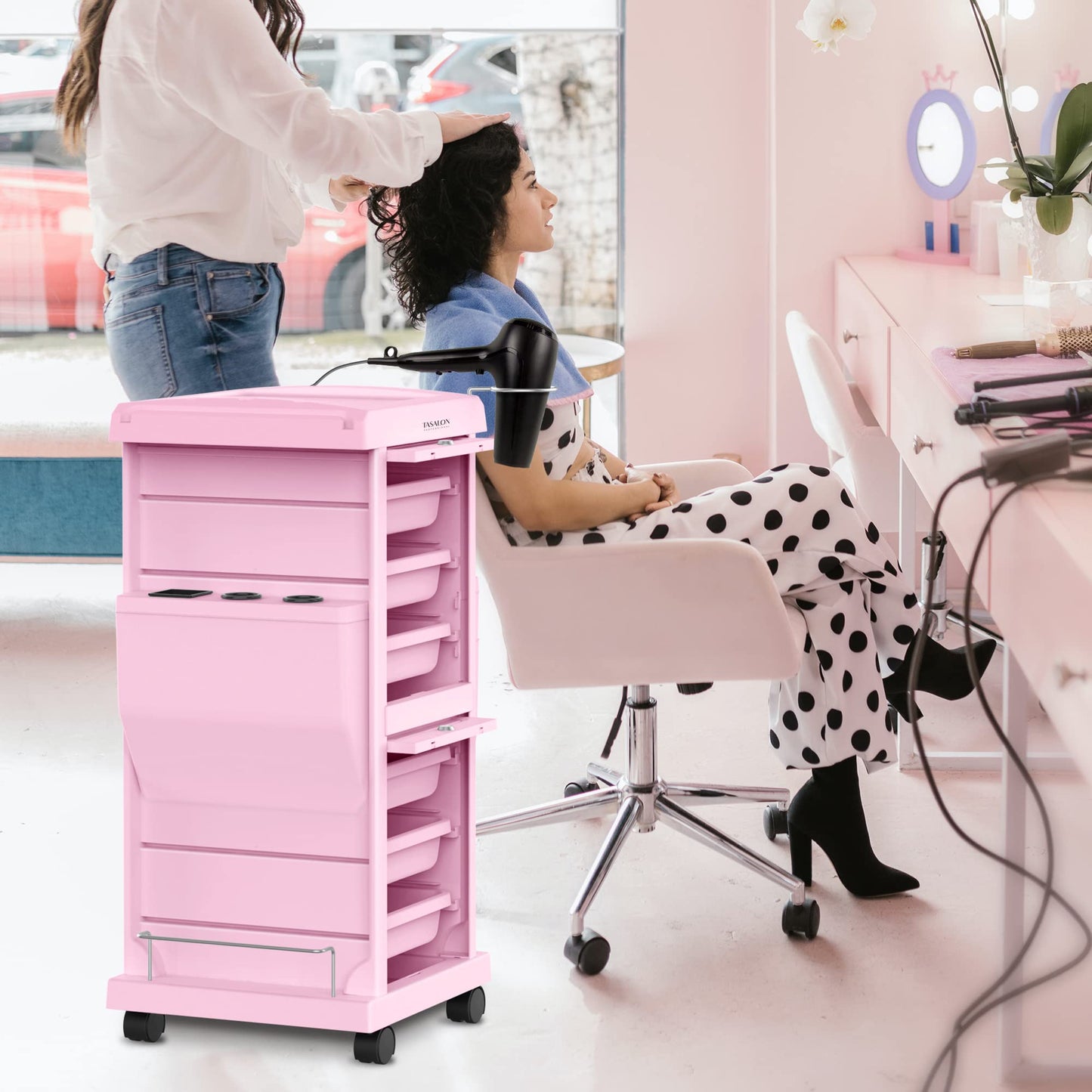 TASALON Professional Salon Trolley Cart, Lockable 6 Trays & 2 Holders, Space Saving Mobile Storage for Hair Salon and Beauty Station - Pink