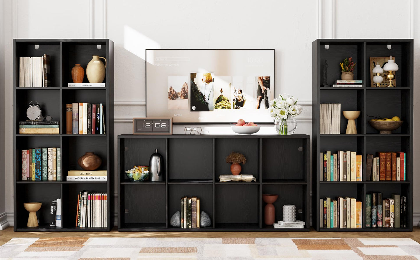 IRONCK Bookshelf, 8-Cube Storage Cube Shelf Organizer, Extra Thick Frame Horizontally & Vertically Reversible Bookcase with Open for Living Room, Bedroom, Home Office, Black