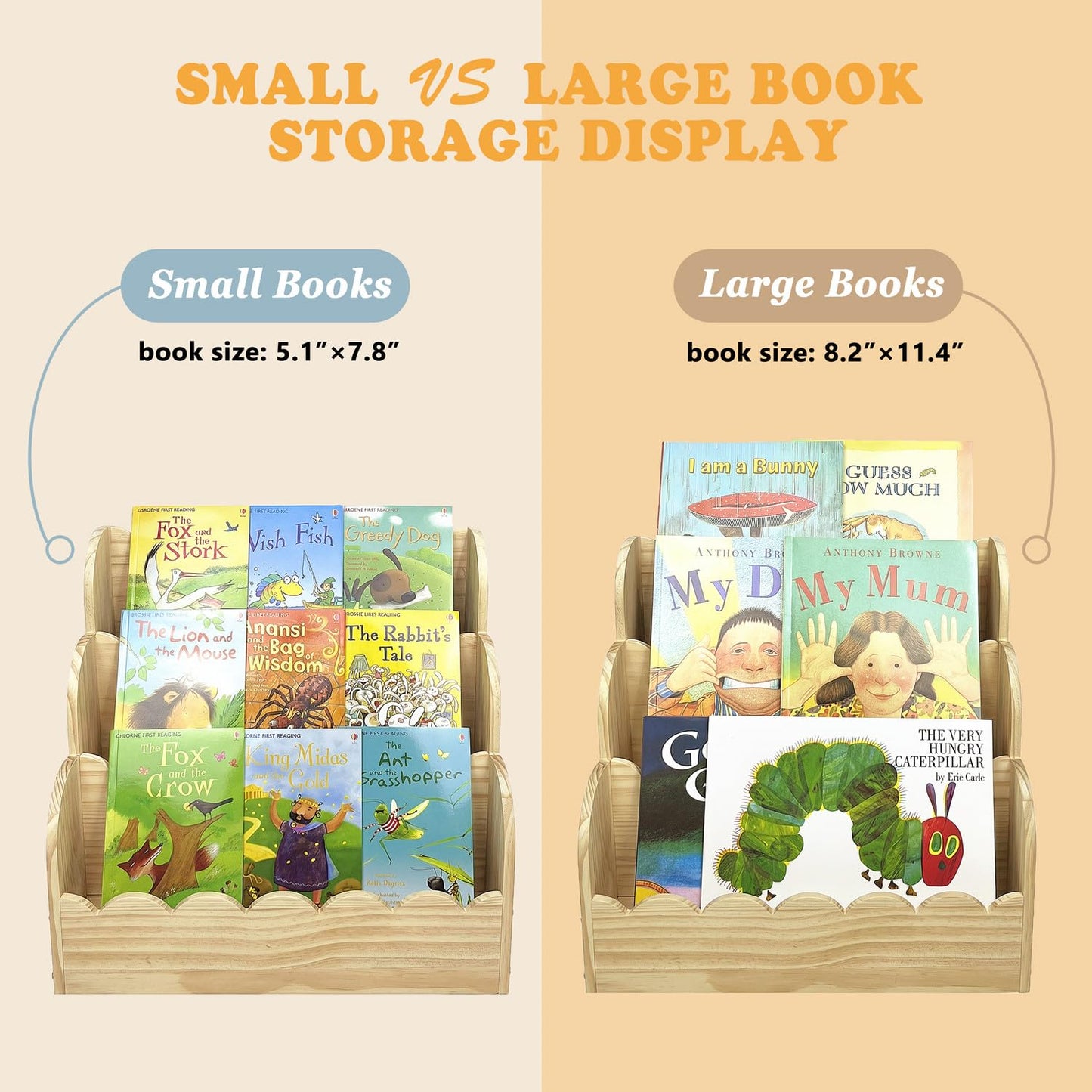 Livemy Scalloped Book Shelf for Kids, 3-Tier Wooden Bookshelf for Toddler, Durable Bookcase Book Organizer Display Furniture for Kids Rooms, Playroom, Nursery, Classroom (Natural, 16.5 * 16.5 * 11in)