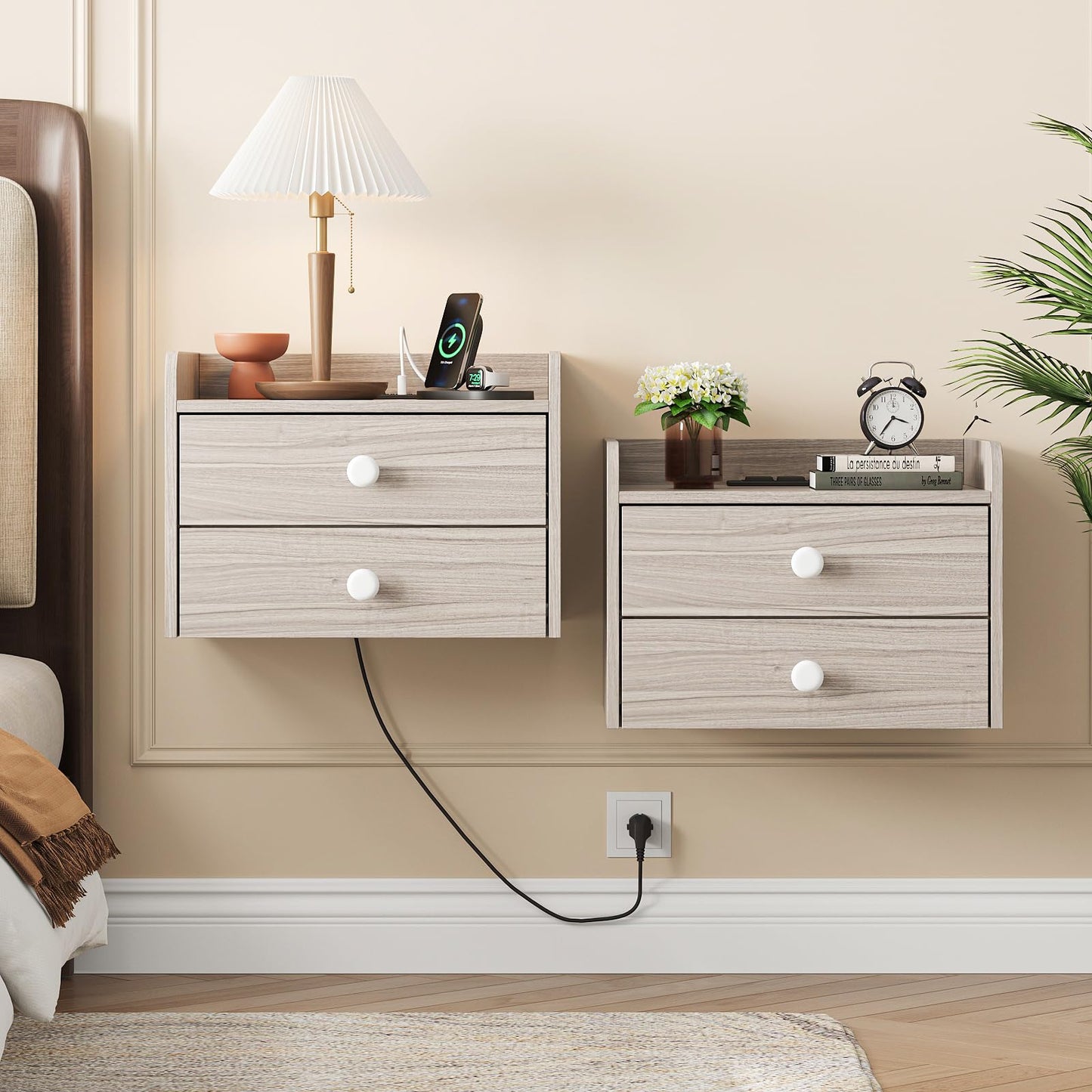 Vabches Floating Nightstand Set of 2 with 2 Storage Drawers and Charging Station Wood Wall Mounted Bedside End Table Modern Night Stands Set 2 for Bedroom,Small Space,Grey