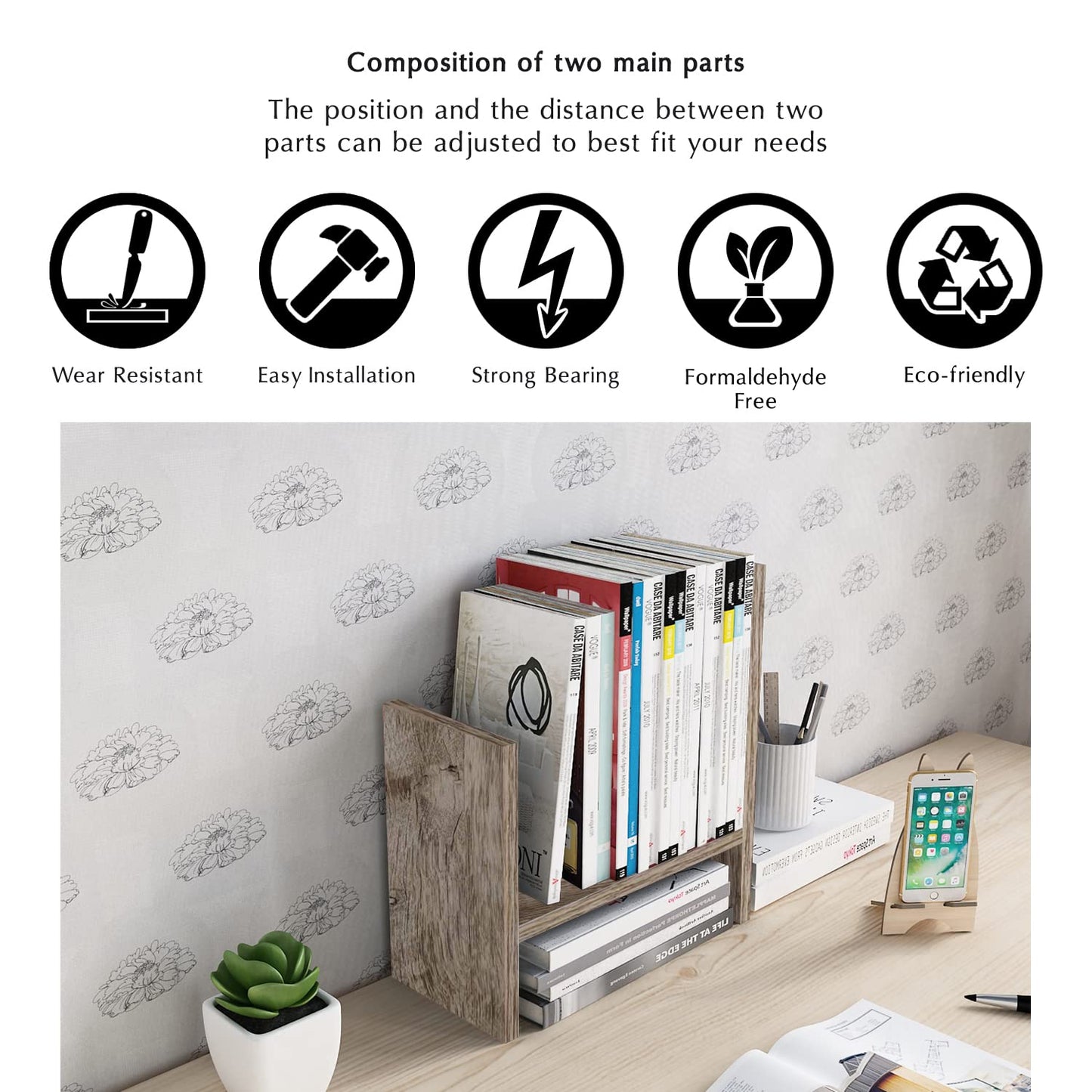 Jerry & Maggie Desktop Organizer Office Storage Rack Adjustable Wood Display Shelf Free Style Double H, Multi-Functional Mini Bookshelf for Desk Natural Stand (Gray Oak)