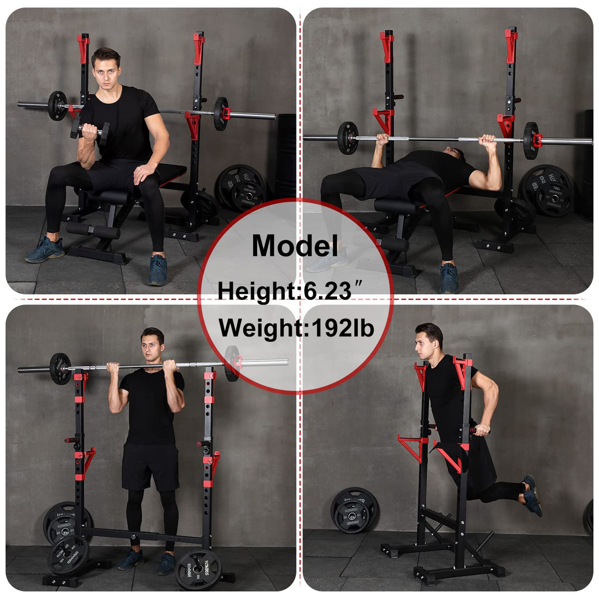 CANPA Squat Rack, Adjustable Barbell Rack Strength Training Barbell Stand with Dip Station Multi-Function Squat Stand Equipment for Home Gym Fitness 600Lbs(red)