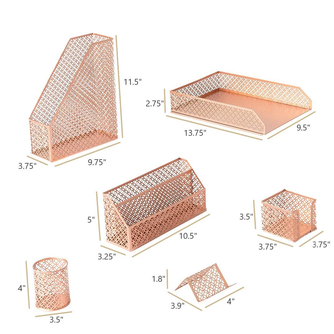BLU MONACO | Rose Gold Desk Organizer Set | 6 Piece Metal Office Desk Organizer with Mail Sorter, Pen Cup, Sticky Note Holder, Magazine File, Card Holder, Paper Tray | Desk Organizers and Accessories