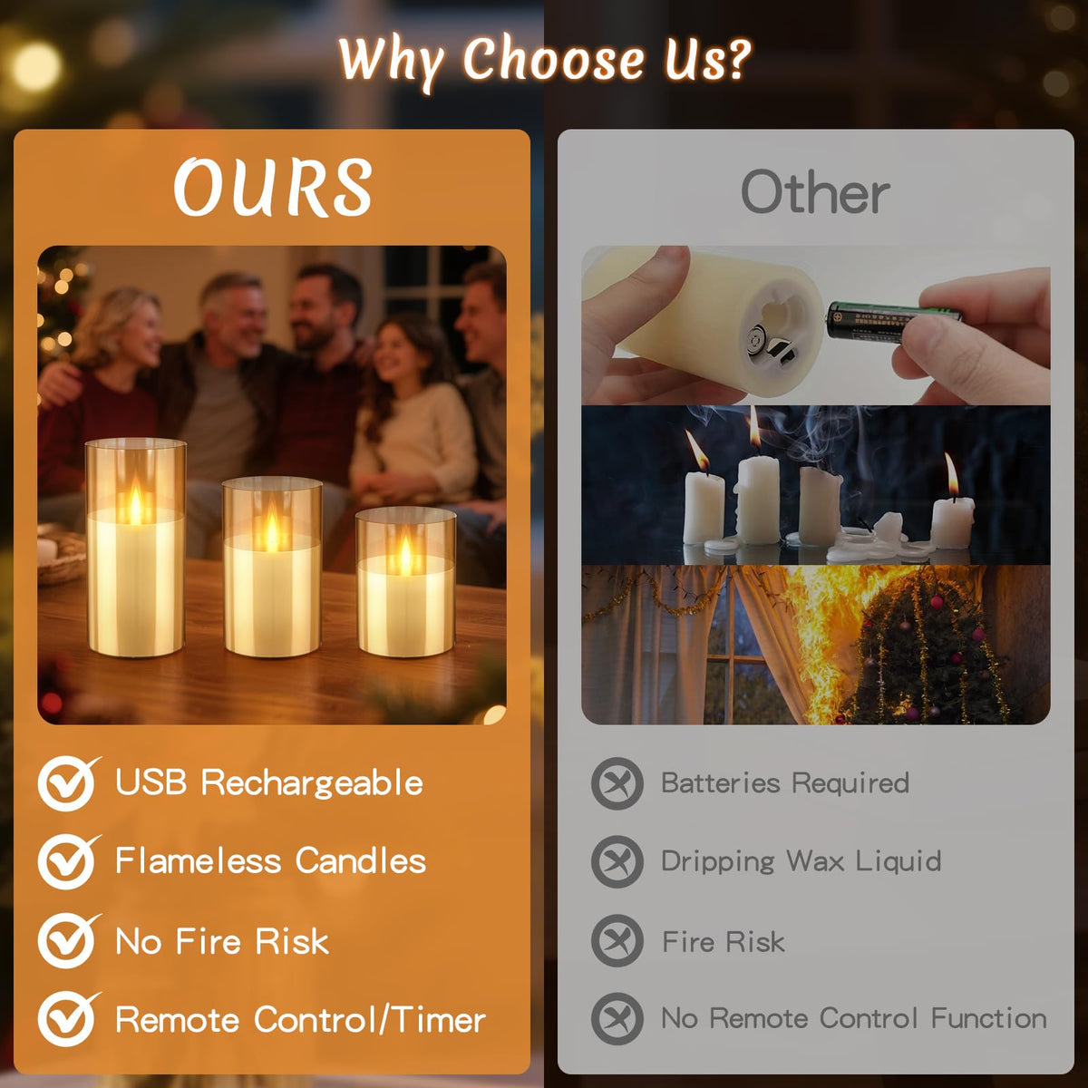 3PC Radar Motion Sensor Rechargeable Led Candles, Flameless Flickering Candle with Remote & Timer, Real Wax in Glass with Flickering Warm Light for Festival, Bedroom, christmas and party Decor-Amber