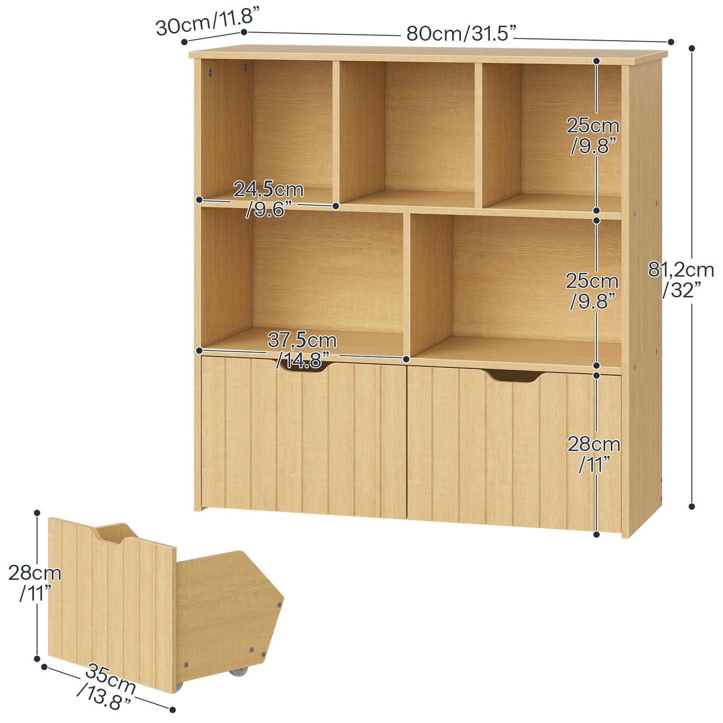 HOOBRO Toy Storage Organizer, Toy Organizers and Storage with 2 Movable Drawers and 5 Cubbies, Kids Bookshelf and Toy Storage for Books or Dolls, Toy Shelf for Playroom, Natural NL88CW01