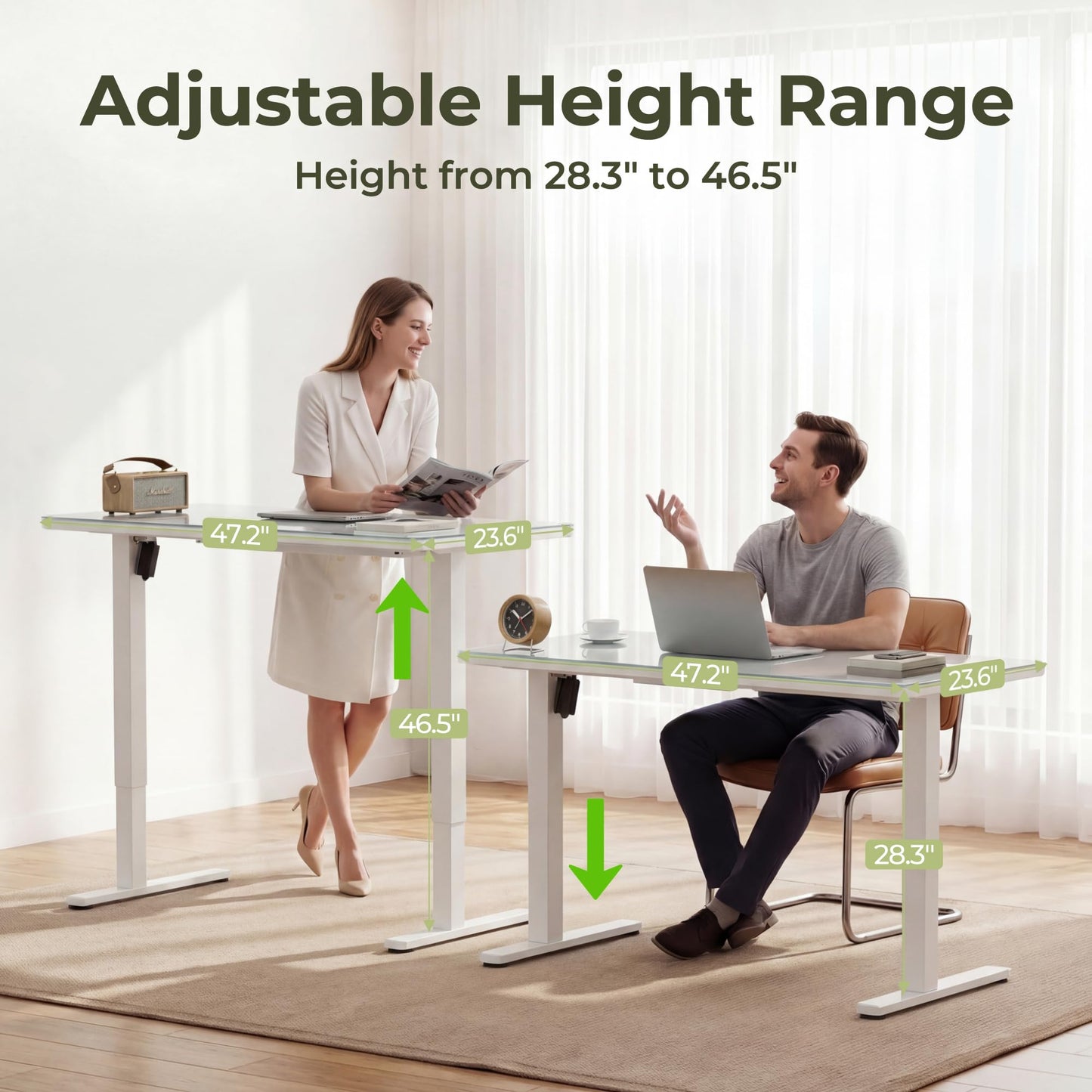 Furmax Glass Standing Desk with Drawers, Electric Adjustable Home Office Sit Stand Desk with One-Piece Desktop & USB Charging Port for Computer Desks