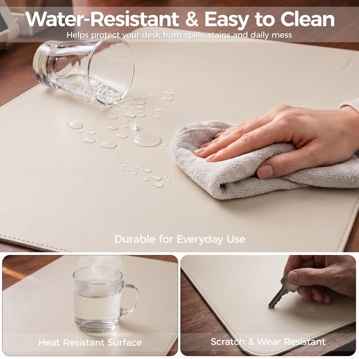 PROMATTOO Large Desk Pad Non-Slip Desk Mat Protector for Keyboard Mouse Waterproof Vegan Leather Surface Faux Leather Laptop Mat Smooth Mouse Pad Premium Gift Tube Creamy White 31.5" x 15.7"
