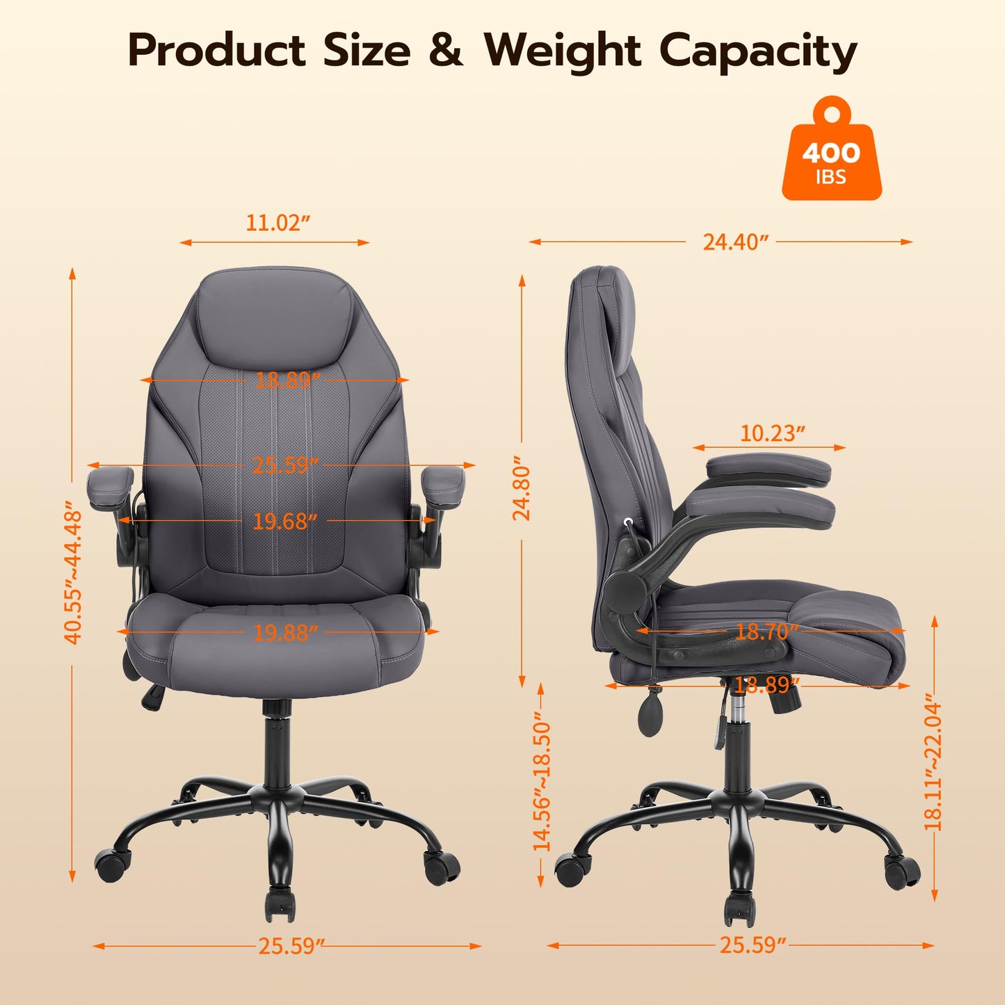 Ylzyxal Office Desk Chair, Ergonomic Computer Chair with Padded Flip-Up Arms and Adjustable Lumbar Support, PU Leather Executive Chair with Tilt Lock and 360° Swivel Rolling Wheels for Work, Study