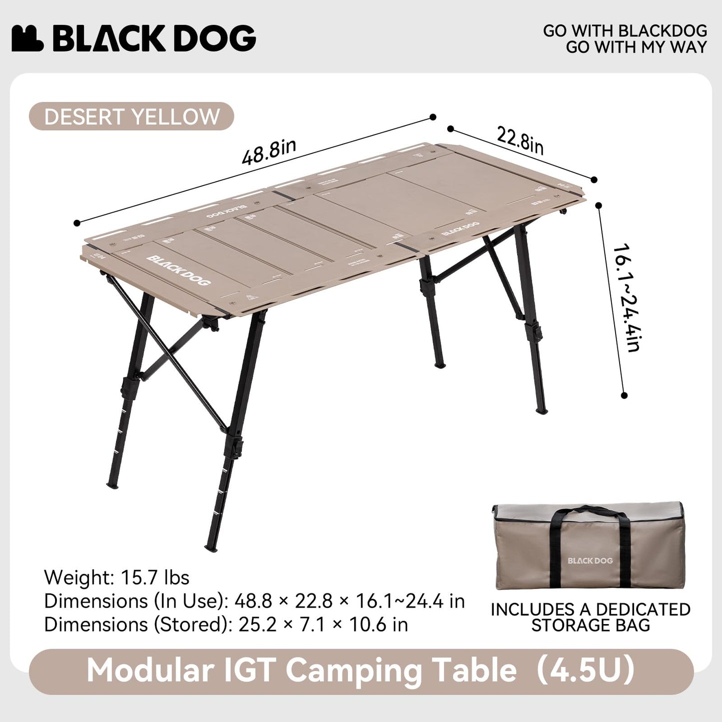 Grkod BLACKDOG 4.5U IGT Camping Table, Folding Portable Camp Table, Adjustable Height Aluminum Portable Table with Carry Bag for Outdoor, Pictic, Patio and Backyard 48.8" L x 22.8" W, Desert Sand