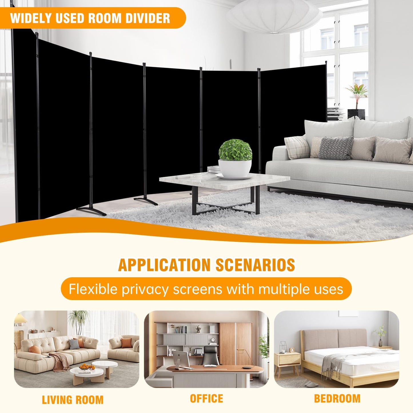 CHOSENM 6 Panel Folding Privacy Screens, 6 FT Tall Wall Divider with Metal Frame, Freestanding Room Divider for Office Bedroom Study (6 Panel, Black)
