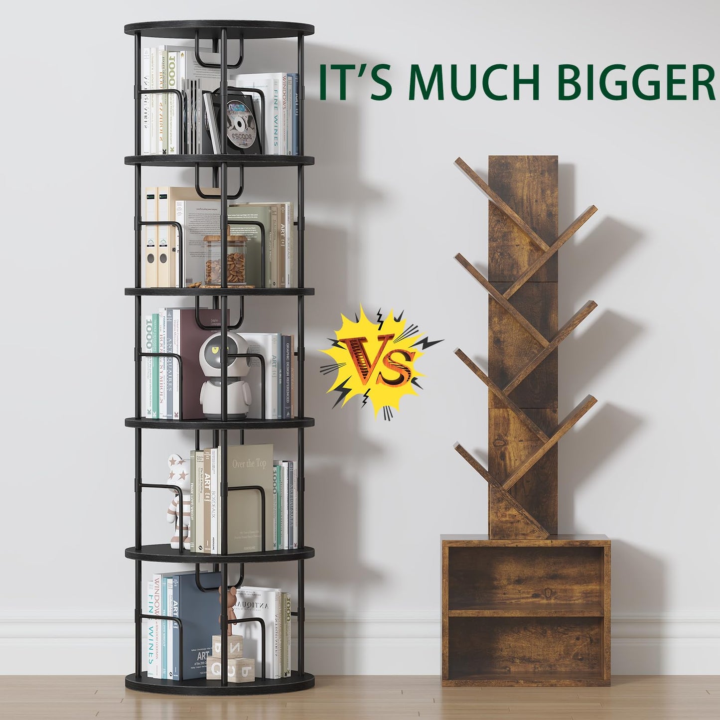 swlongbooks 5Tier Rotating Bookshelf, Spinning Bookshelf Tower,360 ° Display Space Saving Standing Round Swivel Bookcase Corner Storage Organizer for Bedroom Living Room Office,Black