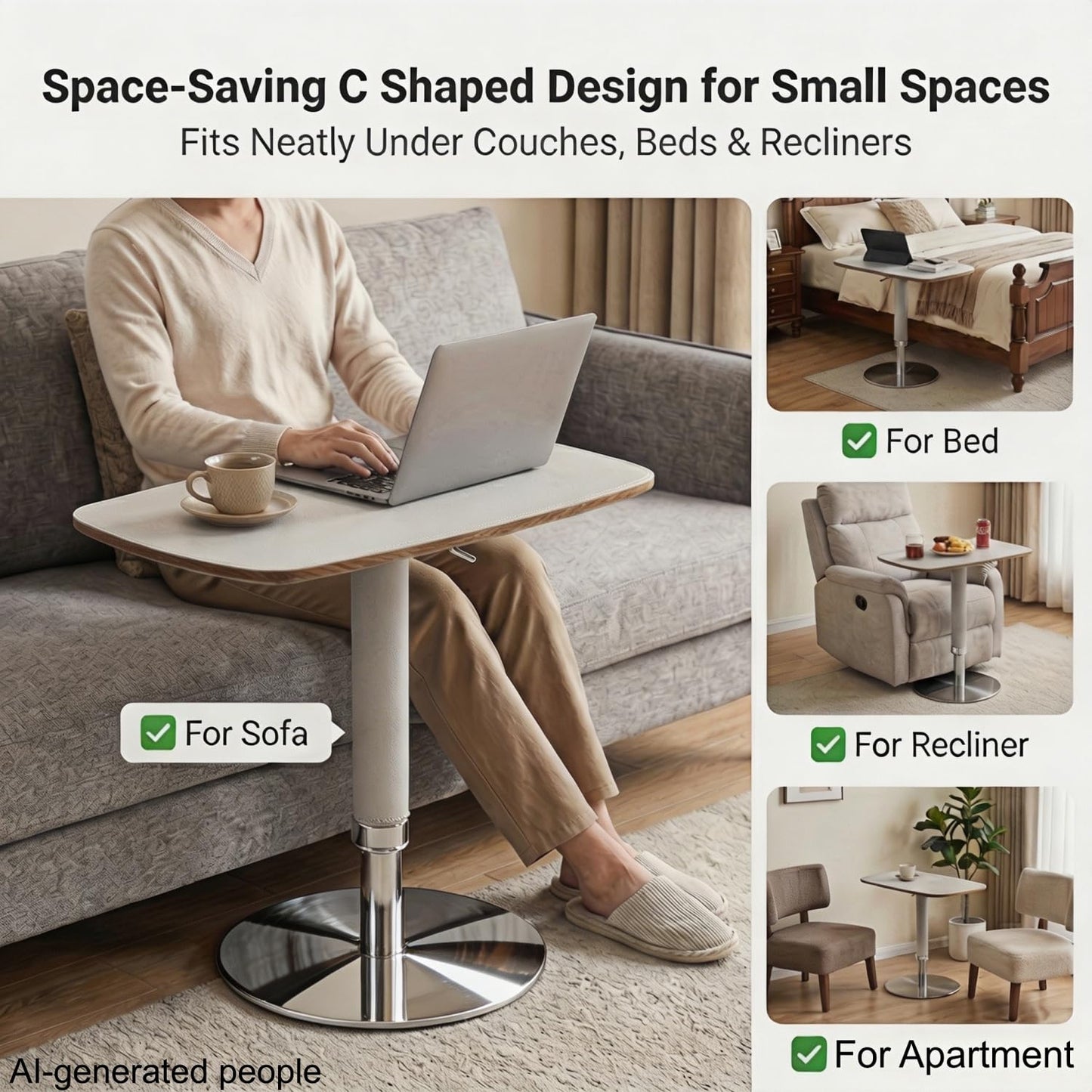 TV Trays for Eating on Couch, Adjustable Height 360° Swivel TV Tray with Saddle Faux Leather Top, Heavy Duty Snack Table for Sofa Bed Recliner, C Shaped Side Table for Laptop Dinner Small Spaces