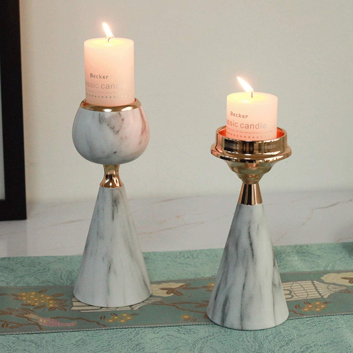 XILIN-1987 Candle Holderss Modern Wrought Iron Candle Holder Imitation Marble Metal Candlestick, Decorative Candlestick Holder for Wedding, Dinning, Party (Pack of 2) Decorative Candlestick