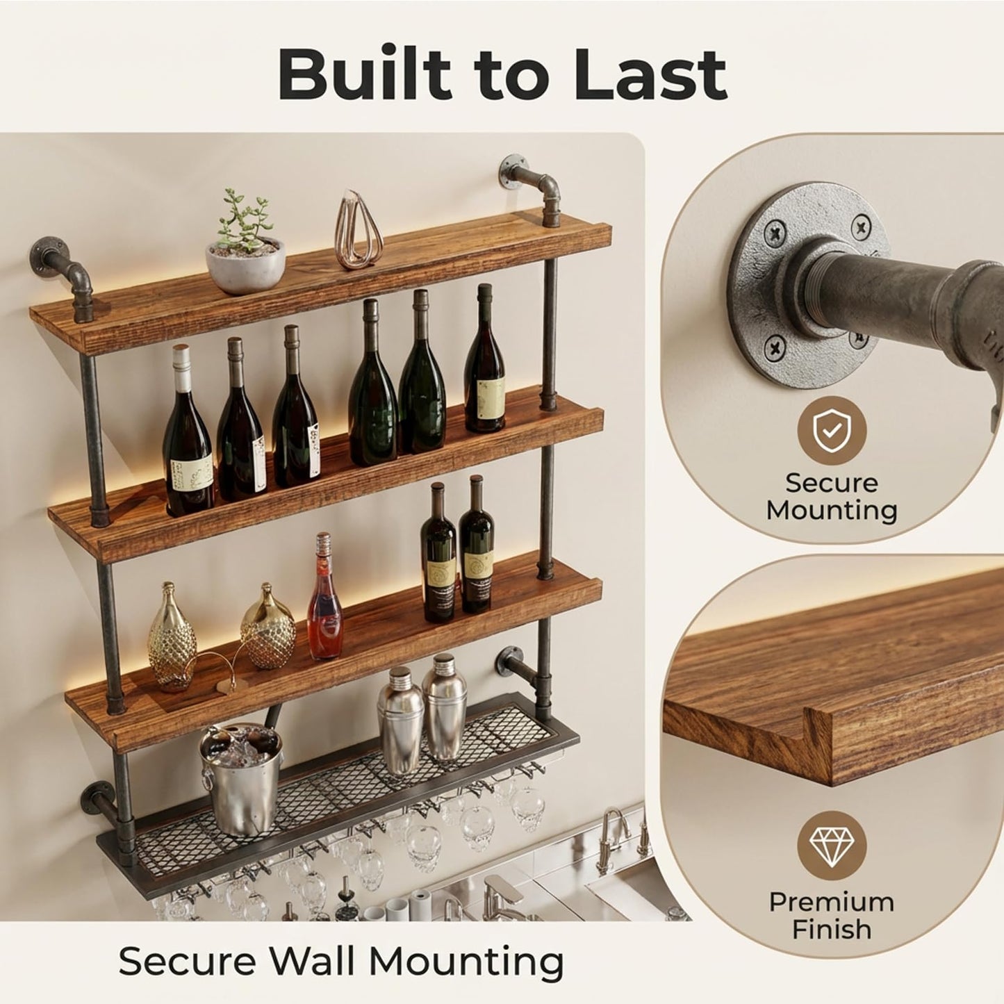 YTALUTTNIE 31.4in Wall Mounted Wine Rack with LED Lights, 4-Tier Industrial Wood Floating Shelves, Metal Wine Glass Rack, Liquor Shelf Storage Organizer for Home Bar, Dining Room, Kitchen, Bar